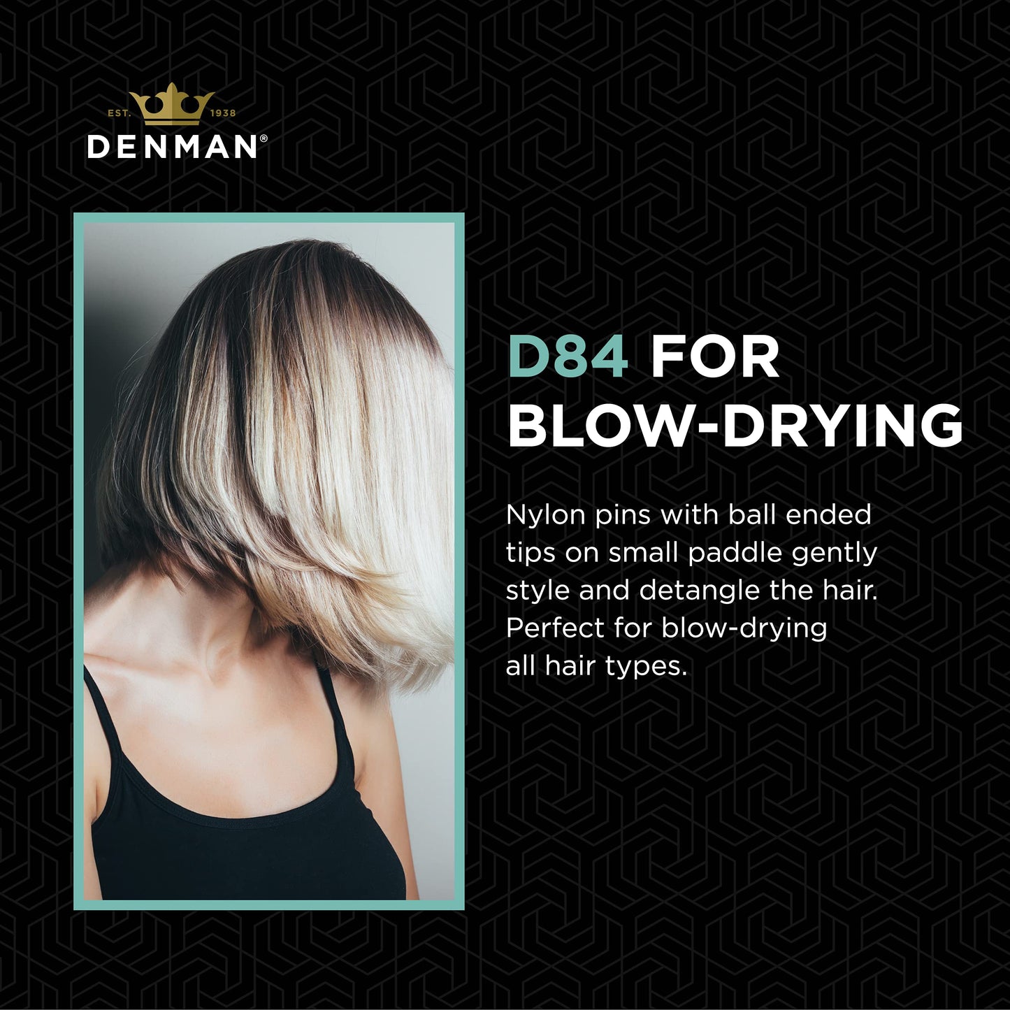 Brosse à cheveux Denman (noire) mini-coussin pour brushing, démêlage et voyage - Coiffage, lissage et lissage confortables - Pour femmes et hommes, D84