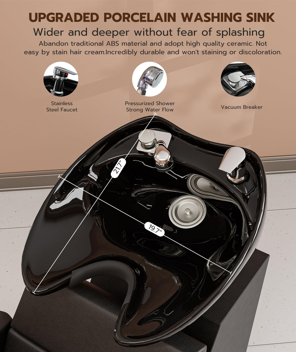 Icoget Shampoo Bowl and Chair Set for Salon, Deep Porcelain Tilting Salon Sinks for Hair Stylist, Backwash Shampoo Stations for Barber,Home, Black