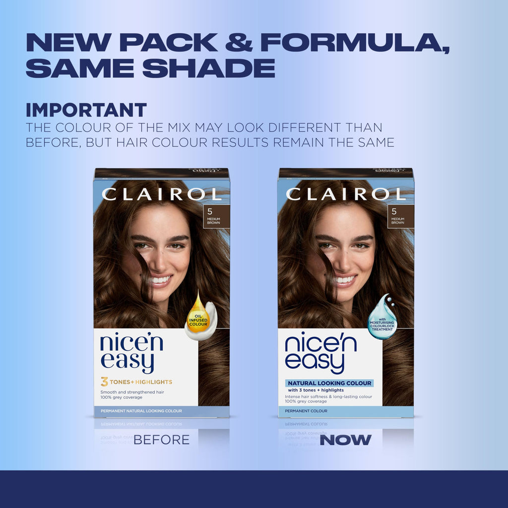 Clairol Nice'n Easy Permanent Hair Dye, 5 Medium Brown Hair Color, Pack of 1 - Packaging May Vary