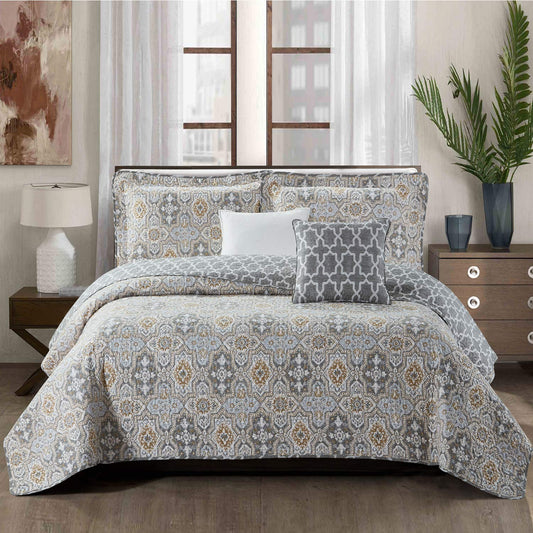 Home Soft Things Lanza Printed Microfiber Quilt Oversize King 122" x 106" 5 Piece Bedding Set with Matching Shams Pillows, Mustard Gray Blue Floral Design Reversible Bedspread Coverlet
