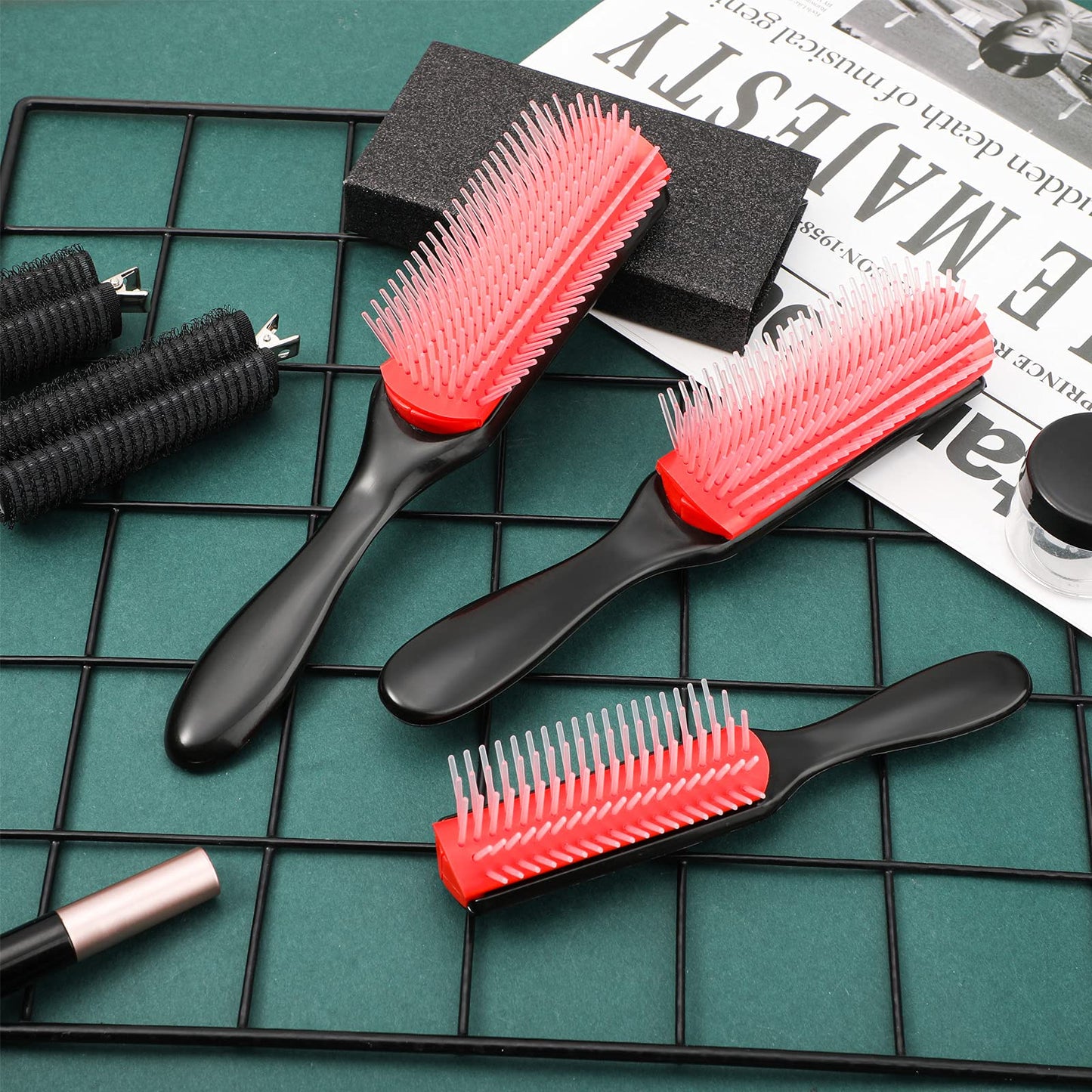 Brosse à cheveux Patelai en nylon, 3 tailles, 9 et 5 rangées, pour cheveux bouclés naturels, démêlante, peigne de voyage pour femmes et hommes, volumisante, modelante, séparatrice, définissante, pour salon de coiffure (rouge et noir)