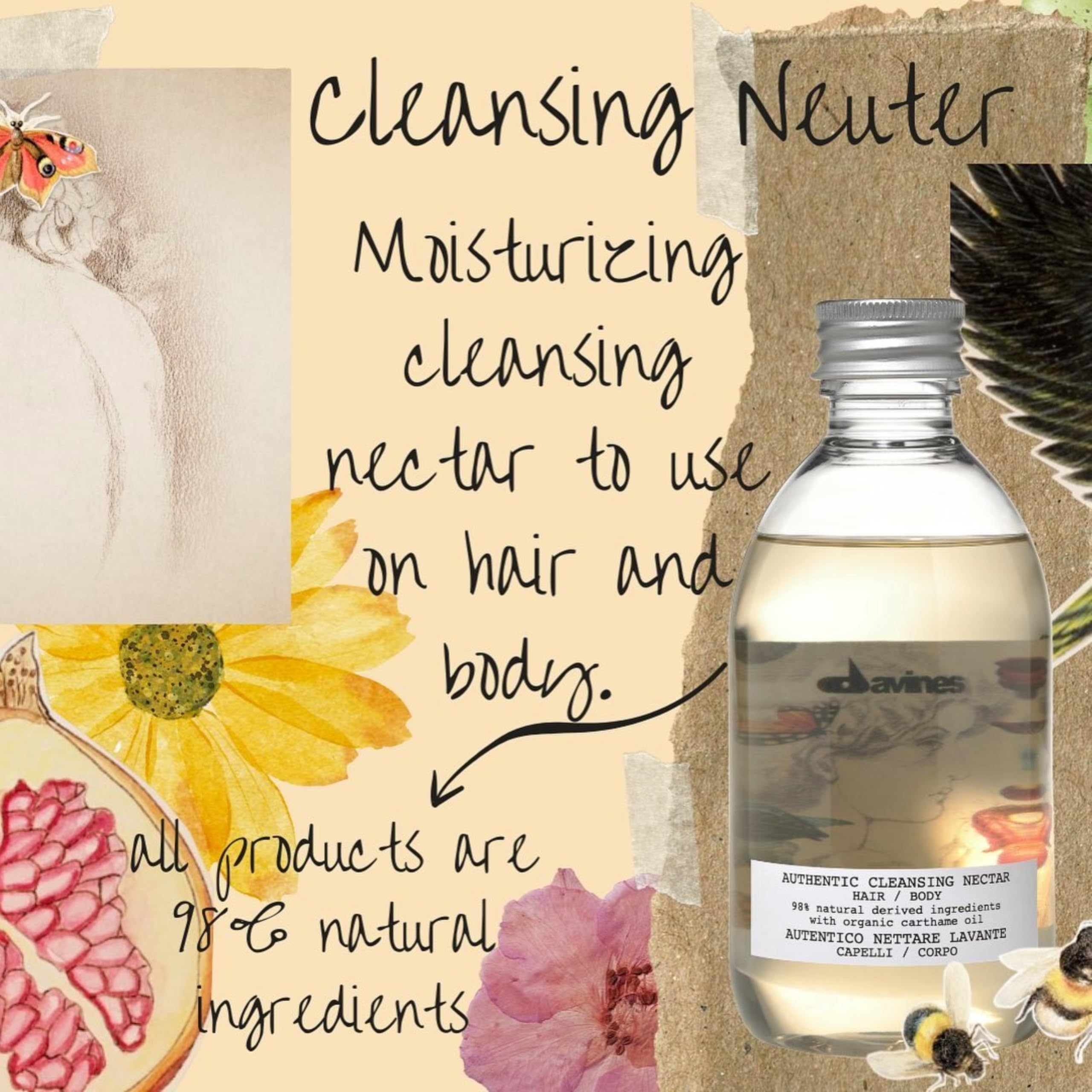 Davines Authentic Cleansing Nectar, Multi-Functional Shampoo & Body Wash - Gentle Oil-Based Cleanser with 98% Natural Ingredients - Hydrates Hair & Skin, 9.47 Fl Oz