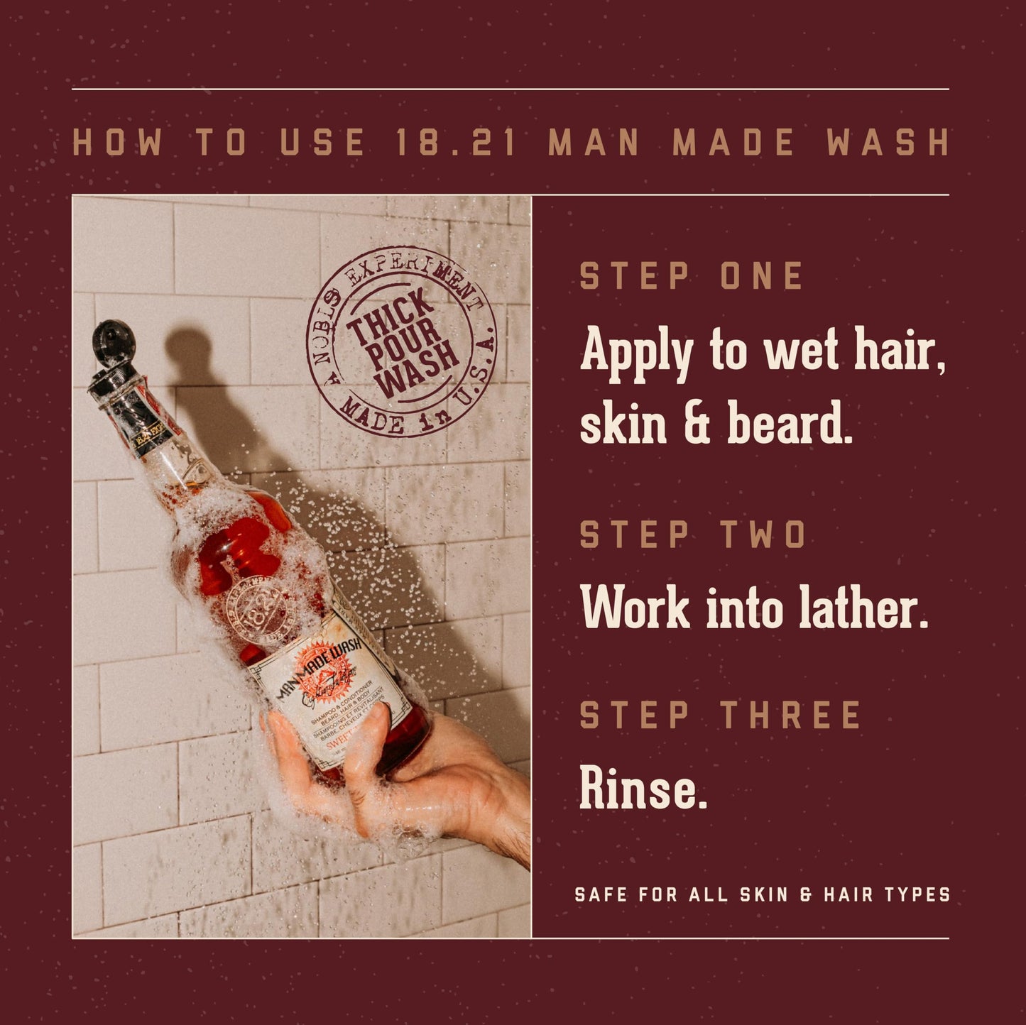 Dark Red 18.21 Man Made Original Sweet Tobacco 3-in-1 Body Wash, Shampoo, & Conditioner for Men, All Hair & Skin Types, Strengthens and Moisturizes in a Manly Aroma, 3.4oz
