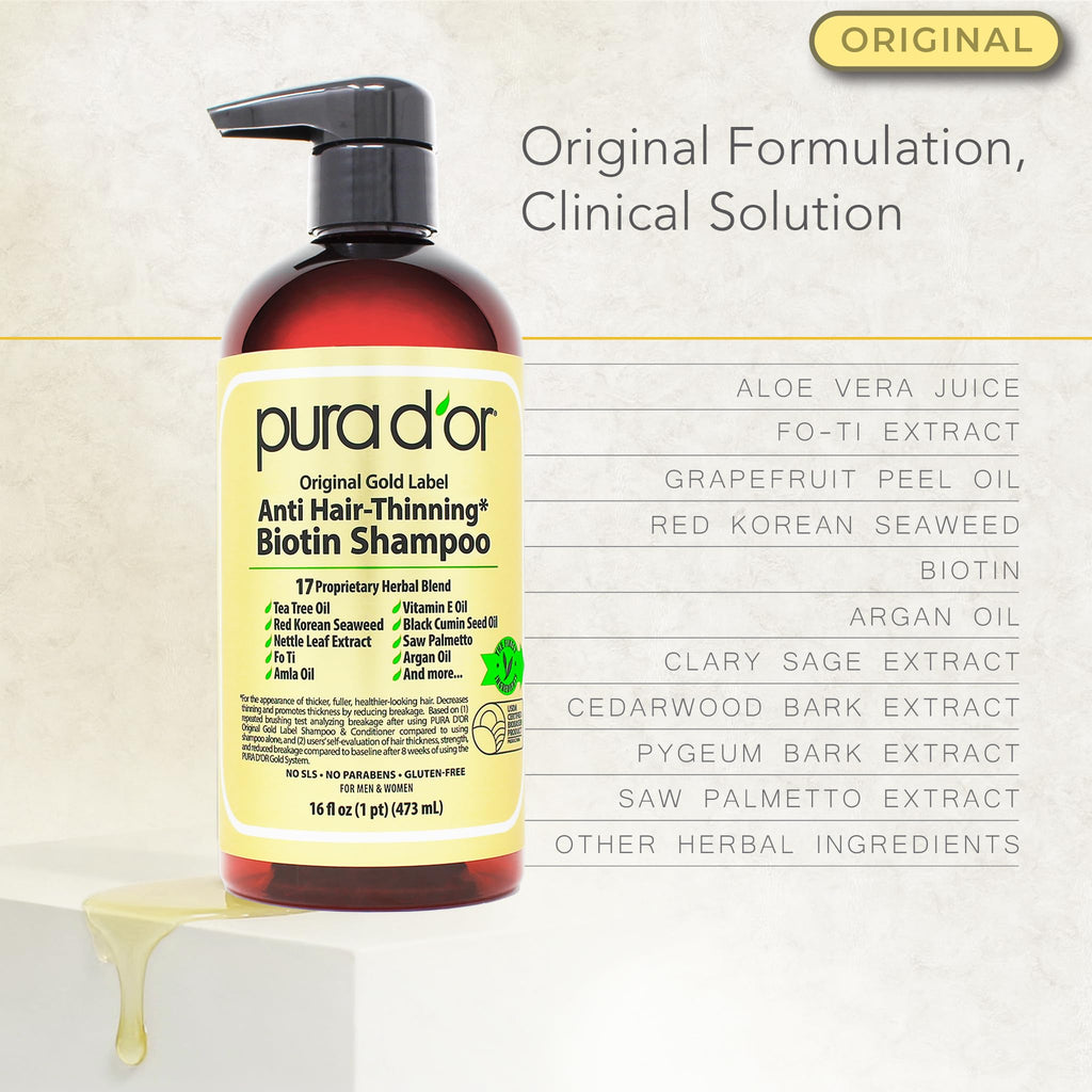 PURA D'OR Anti-Thinning Biotin Shampoo and Conditioner Natural Earthy Scent, CLINICALLY TESTED Effective Results, Herbal Blend Thickening Products For Women & Men, Original Gold Label Set, 16oz x2