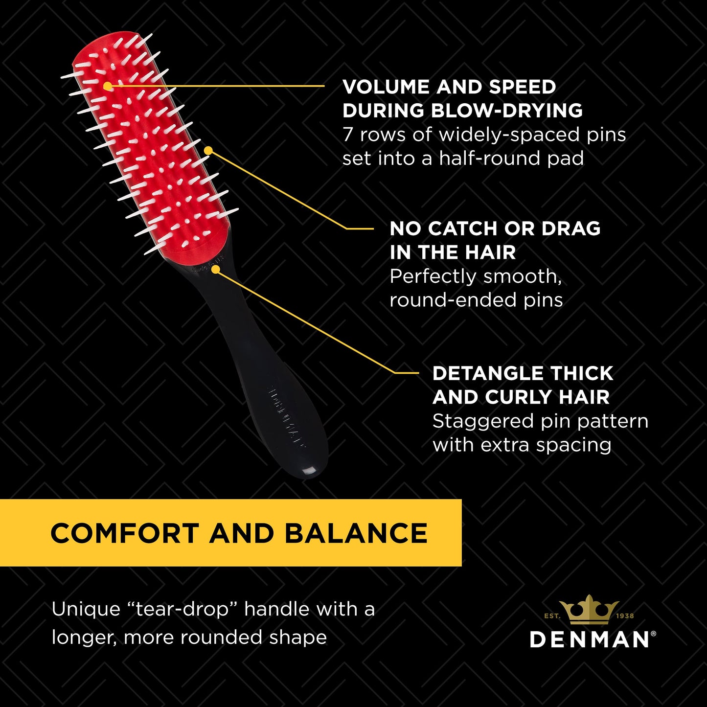 Denman Free Flow Wide Spaced Pins 7 Row Hair Styling Brush - 3-in-1 Styling Tool for Creating Volume, Detangling Thick Hair and Defining Curls, D31