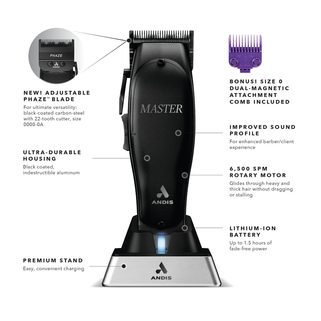 Andis Black Label MLC Professional Master Cordless Lithium-Ion Hair Clipper, Adjustable Carbon Steel Blade for Close Cutting, Black