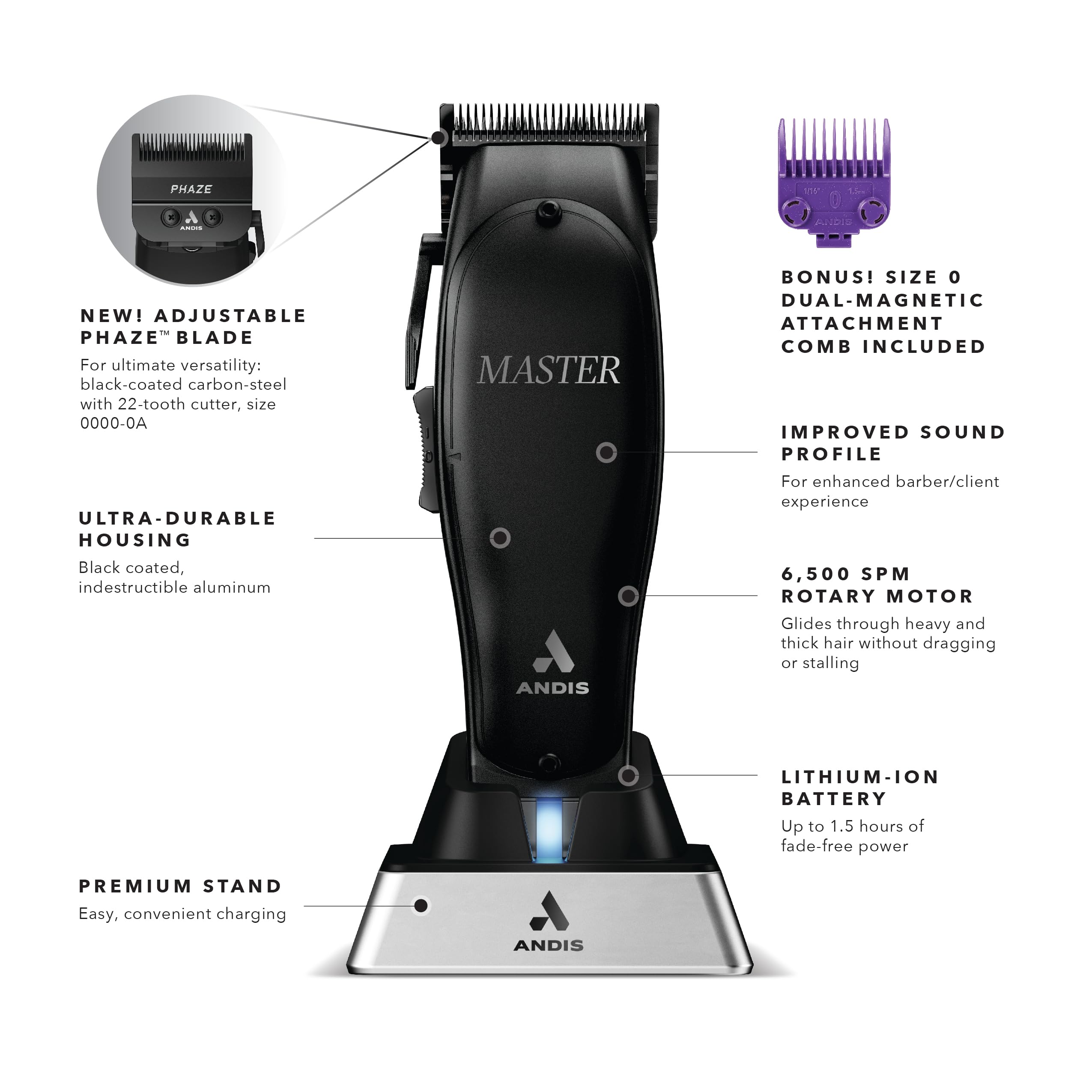 Andis Black Label MLC Professional Master Cordless Lithium-Ion Hair Clipper, Adjustable Carbon Steel Blade for Close Cutting, Black