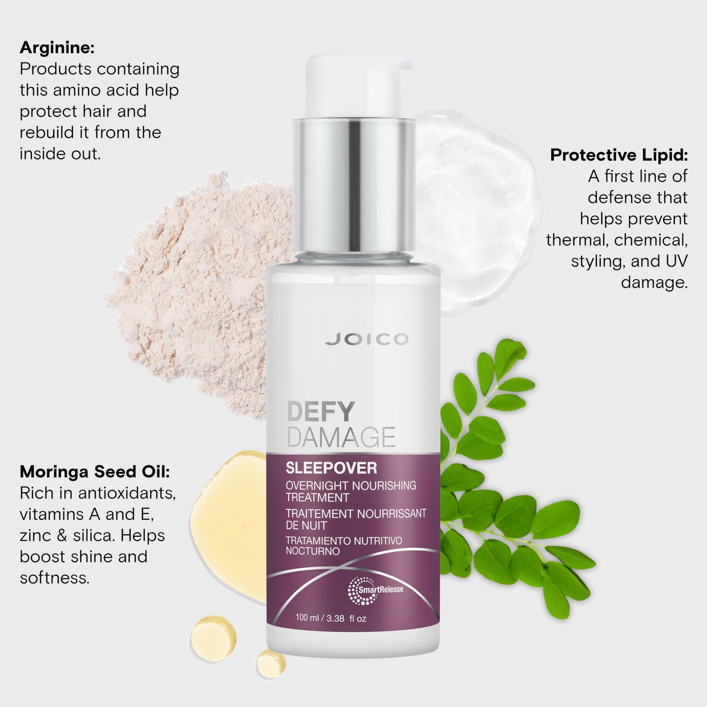 Joico Defy Damage Sleepover 夜间滋养护理 | 瞬间软化和抚平秀发 | 增强结合力 | 减少断裂和分叉 | 免冲洗配方 | 含精氨酸和角蛋白 | 3.38 盎司