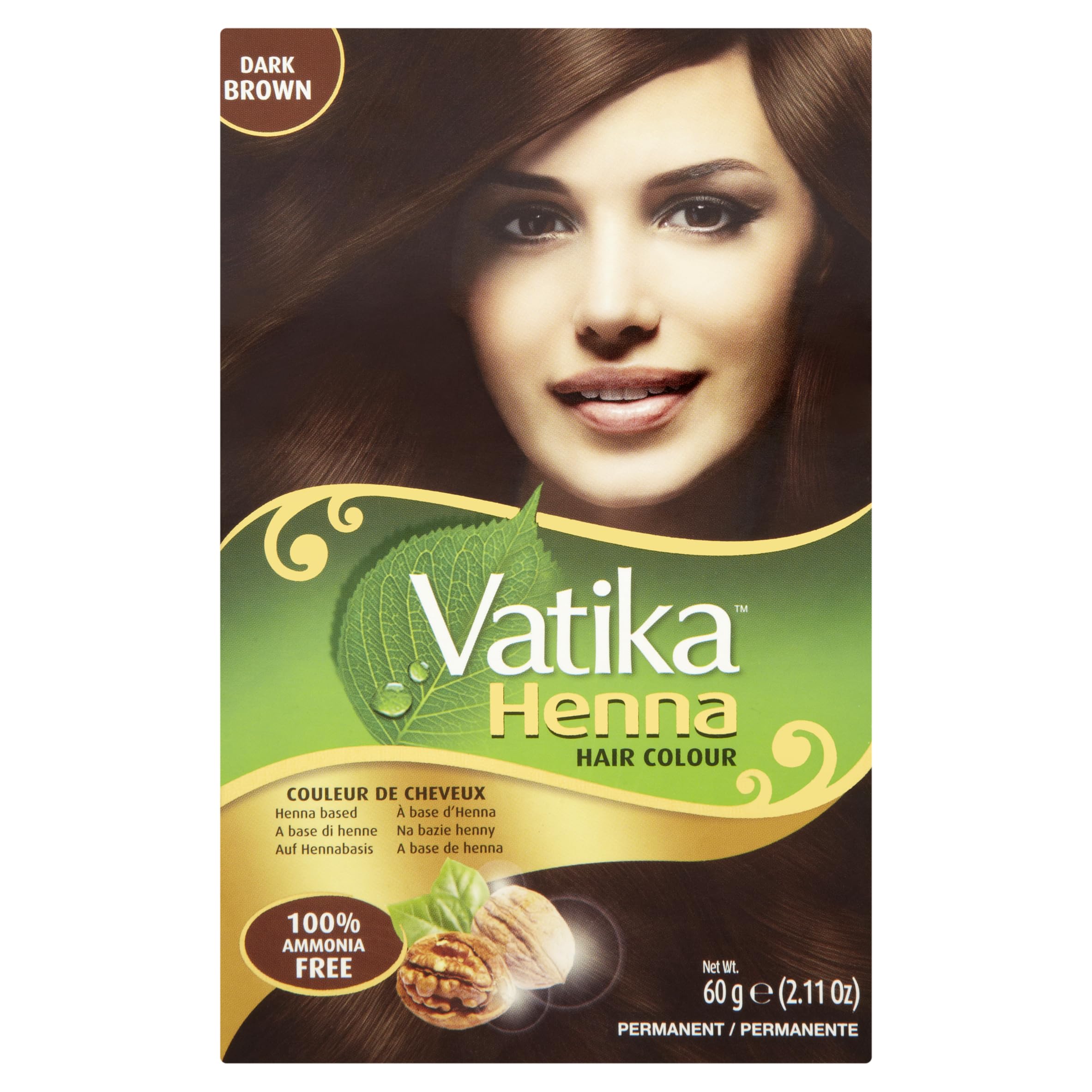 Vatika Naturals Permanent Hair Dye Dark Brown – Ammonia-Free With Natural Henna, Grey Coverage, Nourishing Herbal Blend, Long-Lasting Hair Color for Soft, Shiny Results – 6 Sachets X 10g