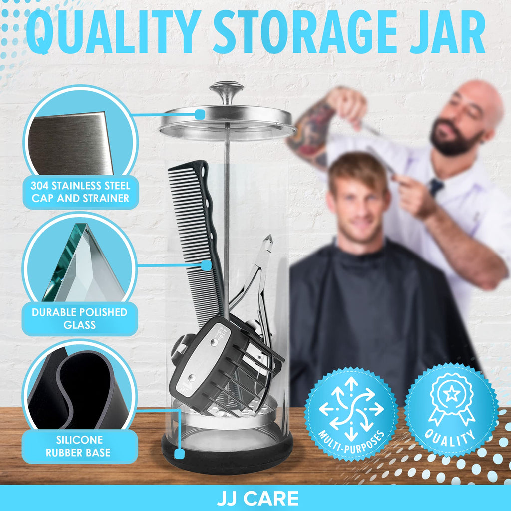 JJ CARE Disinfectant Jar (35oz) - Barber Disinfectant Jar Glass, Sanitizer Container w/Stainless Steel Removable Strainer & Cap for Manicure, Salon, Spa and Barber Tools - Silver Lid
