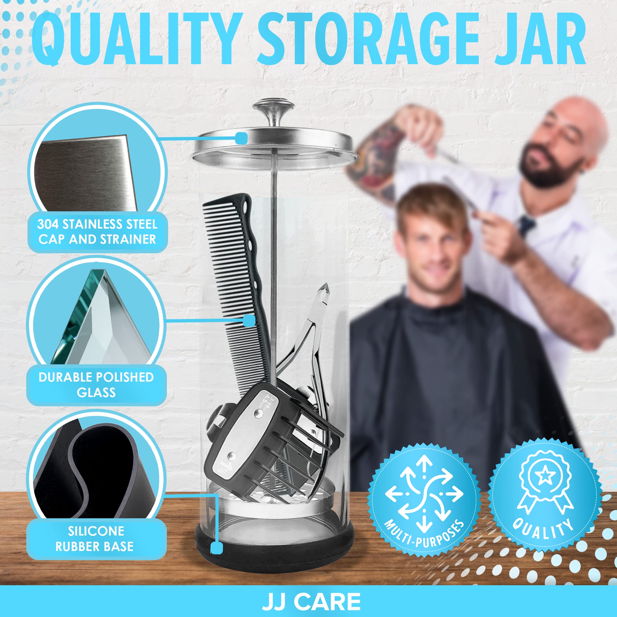 JJ CARE Disinfectant Jar (35oz) - Barber Disinfectant Jar Glass, Sanitizer Container w/Stainless Steel Removable Strainer & Cap for Manicure, Salon, Spa and Barber Tools - Silver Lid