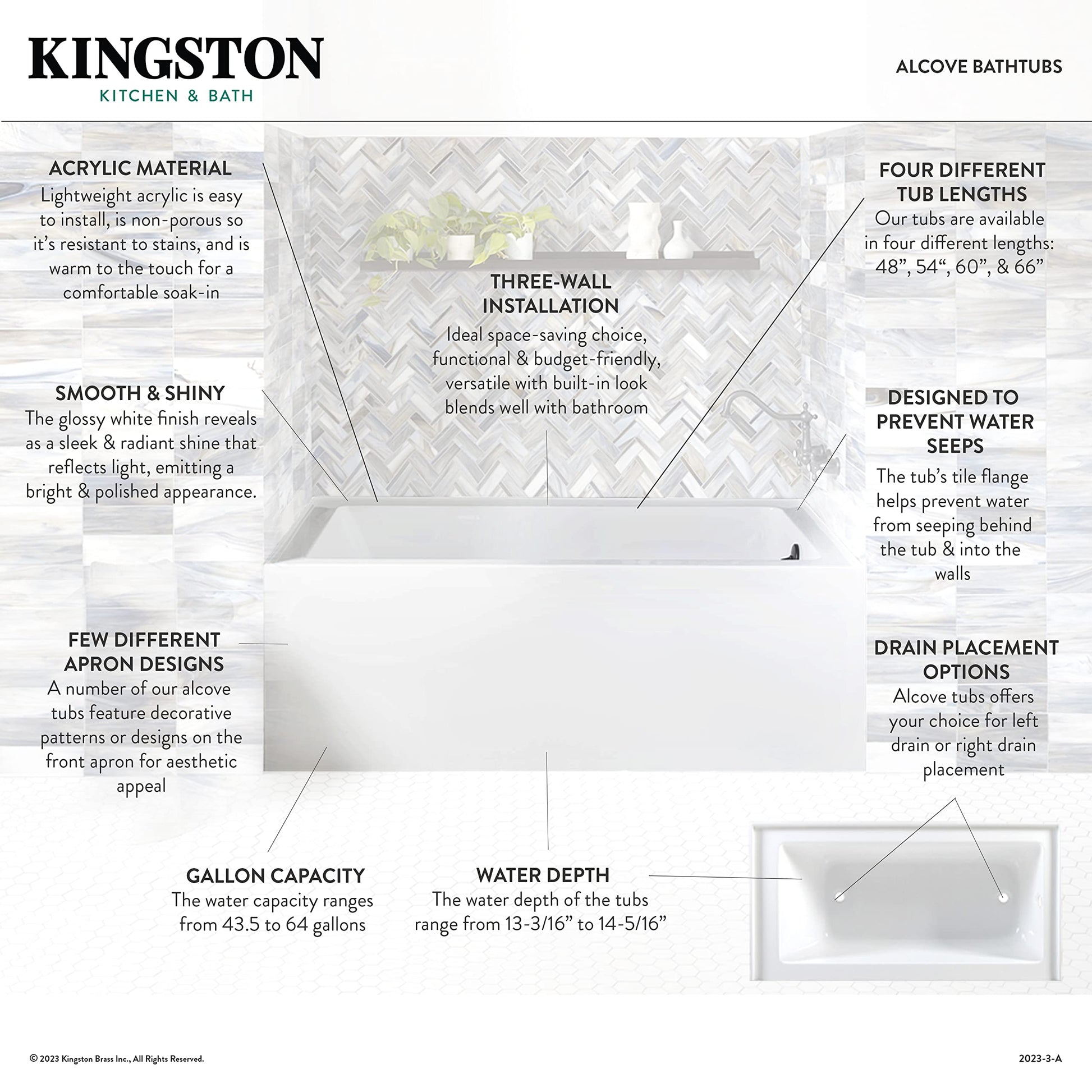 White Smoke Kingston Brass Aqua Eden VTDE483222L Ambry 48-Inch Acrylic Alcove Tub with Left Hand Drain Hole, White