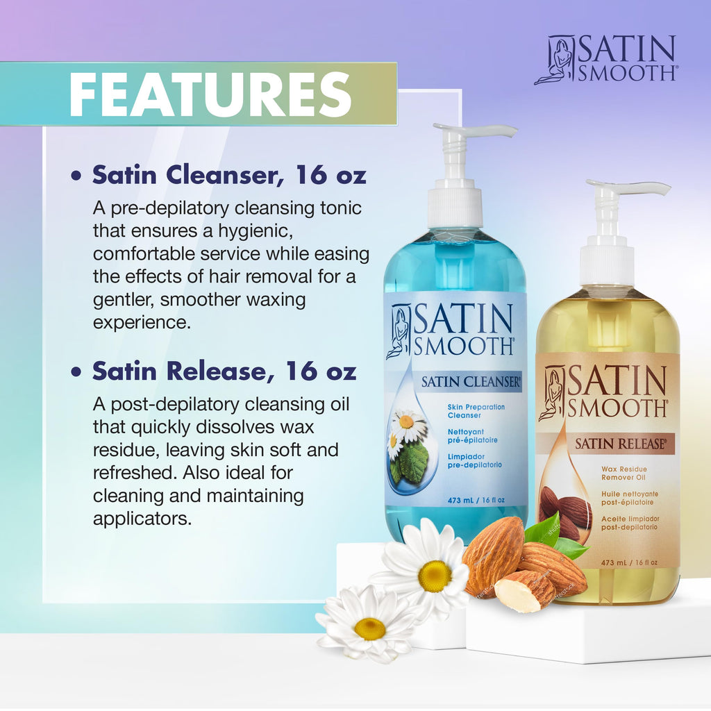 Satin Smooth Post Wax Oil, Wax Residue Remover + Satin Smooth Pre-Wax Cleanser, Skin Waxing Prep & Afterwax Care Duo, 16 fl oz
