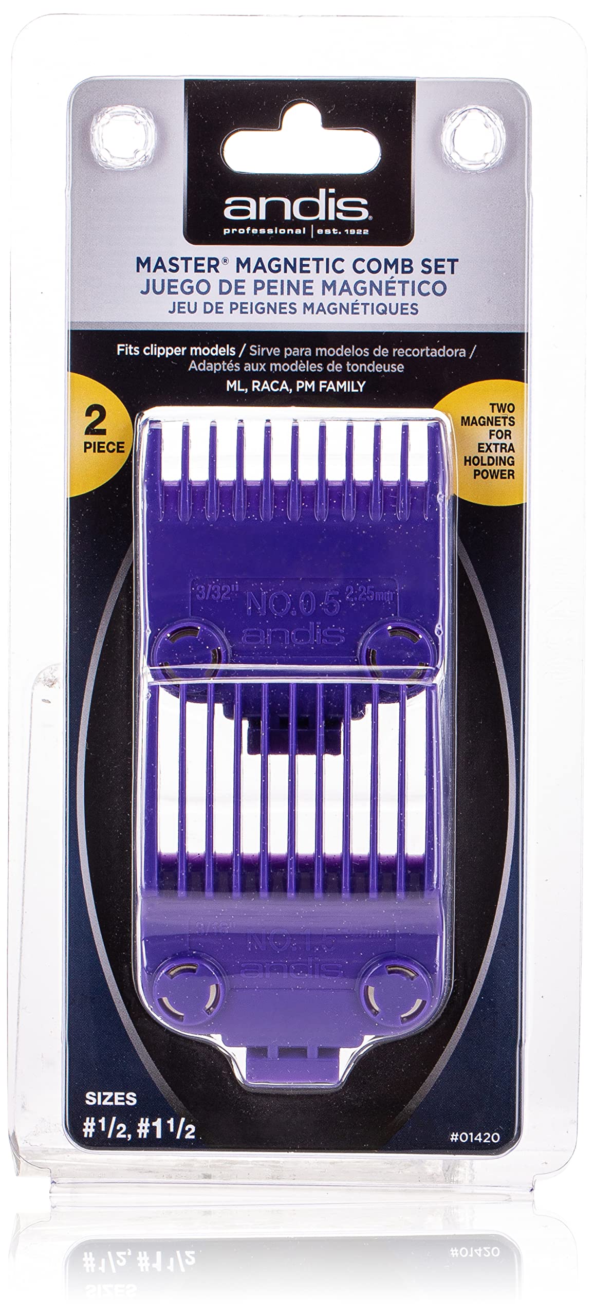 Andis 01420 Master Clipper Magnetic Comb Set - Crafted with High-Quality Materials & Long-Lasting Performance - Dual Pack Sizes 0.5 & 1.5 and Fit with ML Models – Purple