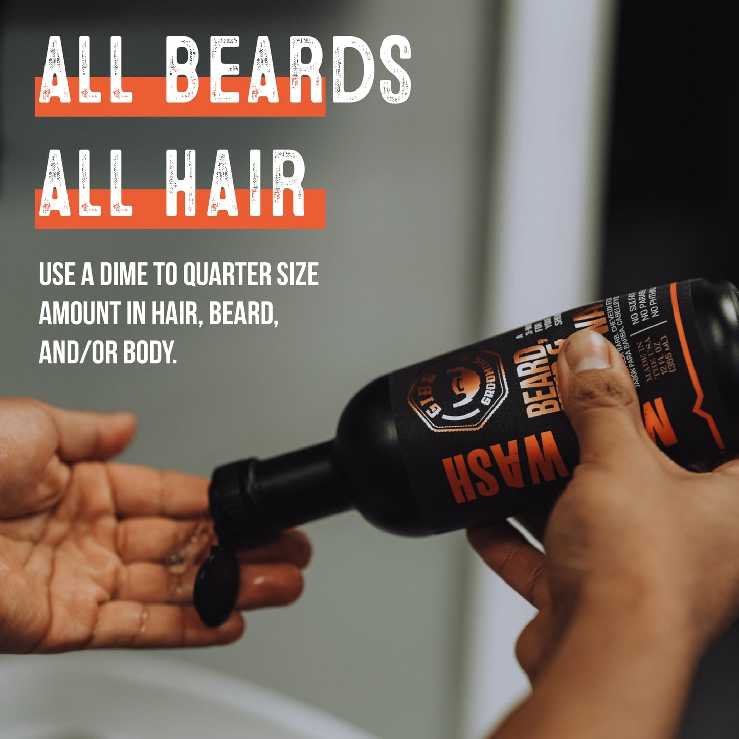 Slate Gray GIBS Grooming - Amber Man Wash (12 fl oz) 3-in-1 Beard, Hair, Body Soap - Citrus, Oak, Basil Scent - Sulfate Free - Tea Tree Oil, Hemp Oil, Protein - Mens Body Wash & Mens Shampoo - Made in USA