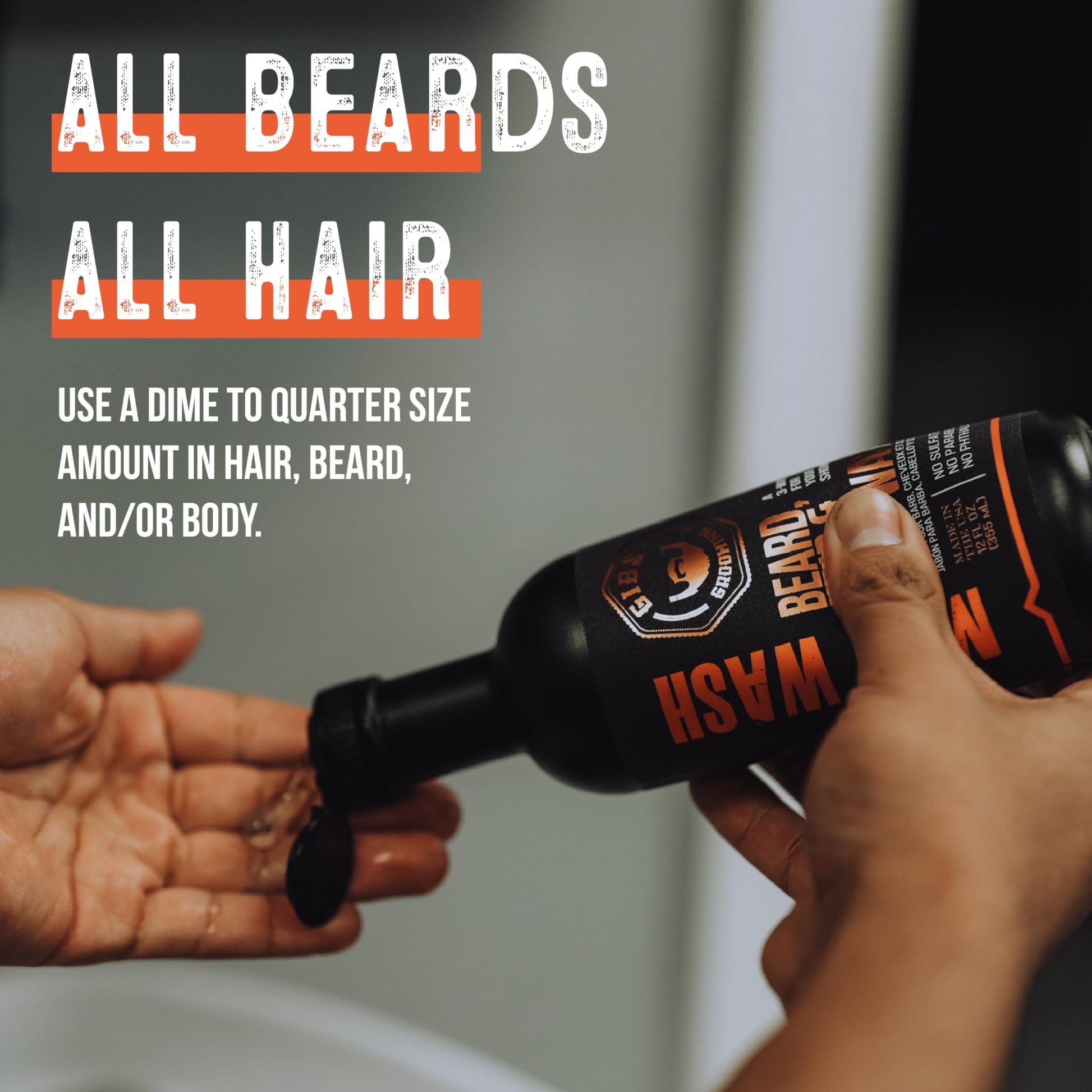 Slate Gray GIBS Grooming - Amber Man Wash (12 fl oz) 3-in-1 Beard, Hair, Body Soap - Citrus, Oak, Basil Scent - Sulfate Free - Tea Tree Oil, Hemp Oil, Protein - Mens Body Wash & Mens Shampoo - Made in USA