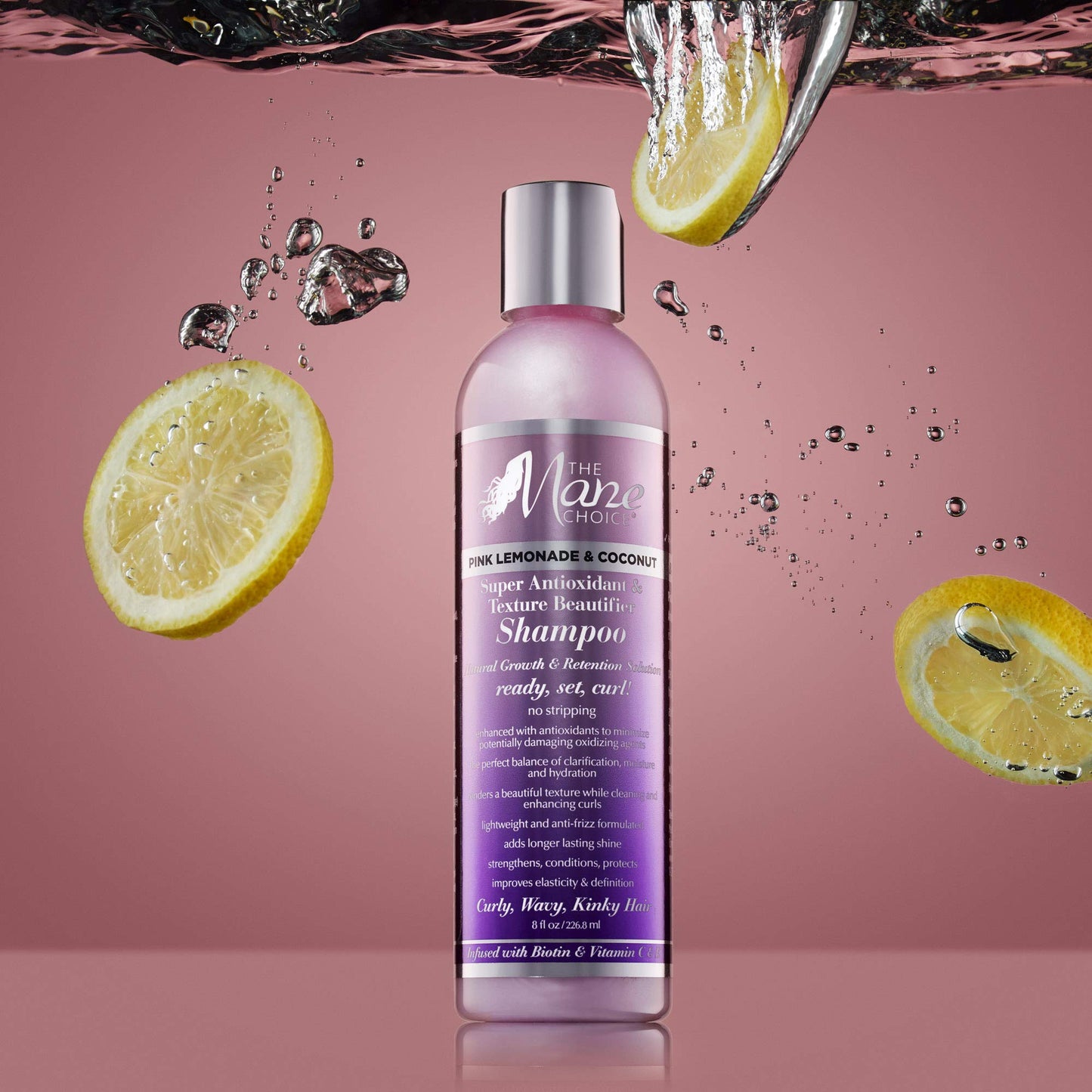 Shampooing super antioxydant et embellisseur de texture à la limonade rose de The Mane Choice
