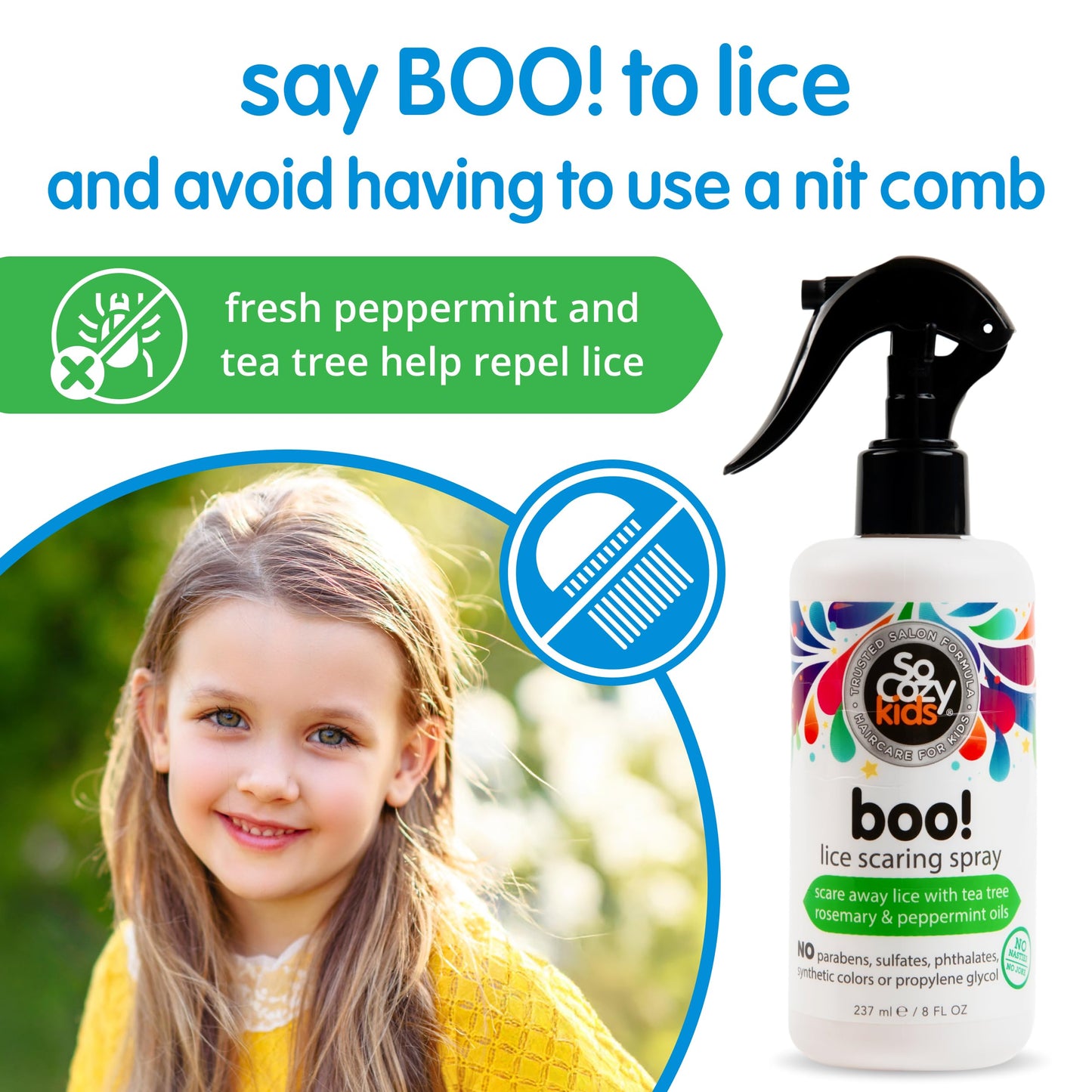 SoCozy Boo Lice Scaring Spray For Kids Hair, Effective Lice Treatment (8 Fl Oz) Clinically Proven to Repel Lice, Conditioning Spray with Tea Tree Oil, Rosemary Oil & Keratin, Paraben & Sulfate Free