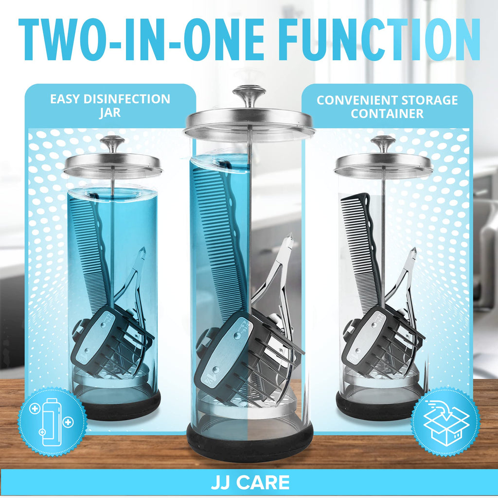 JJ CARE Disinfectant Jar (35oz) - Barber Disinfectant Jar Glass, Sanitizer Container w/Stainless Steel Removable Strainer & Cap for Manicure, Salon, Spa and Barber Tools - Silver Lid
