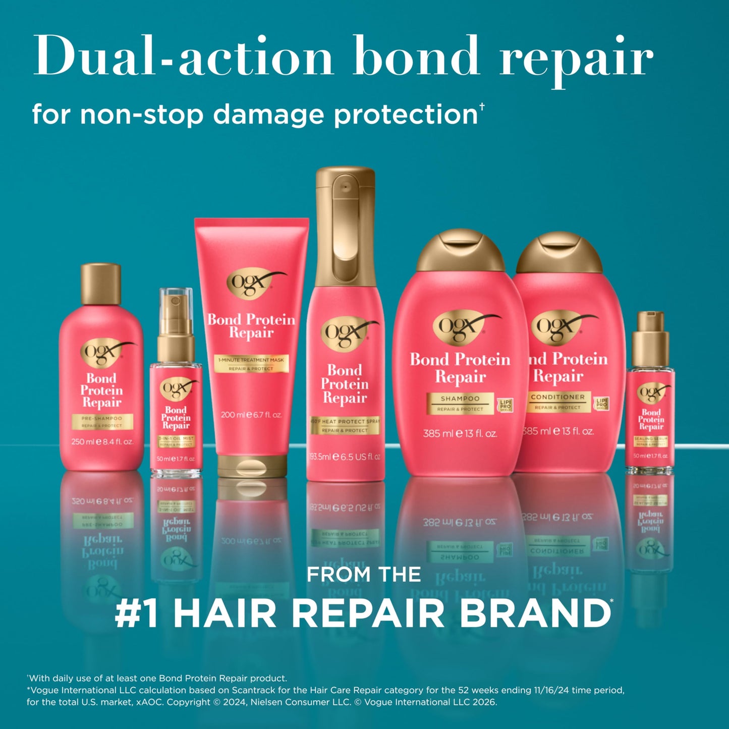 Dark Cyan OGX Repair & Protect Bond Protein Repair Shampoo, Lightweight Hair Wash Cleanses & Targets Damaged Hair for Effective Bond Repair, Formulated without Parabens, 13 fl. oz