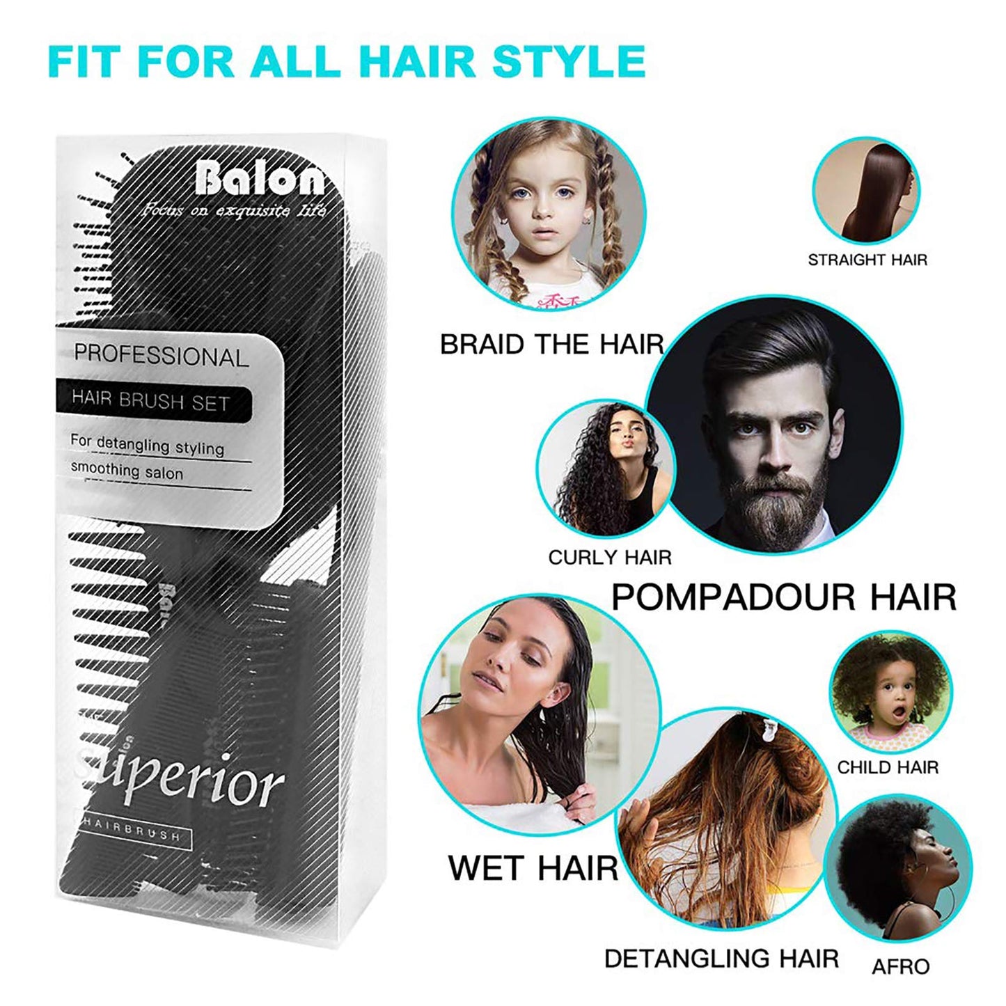 Ensemble de 4 brosses à cheveux plates, brosse démêlante et peigne pour hommes et femmes, idéal pour les cheveux secs ou mouillés, sans nœuds, pour cheveux longs, épais, fins et bouclés.