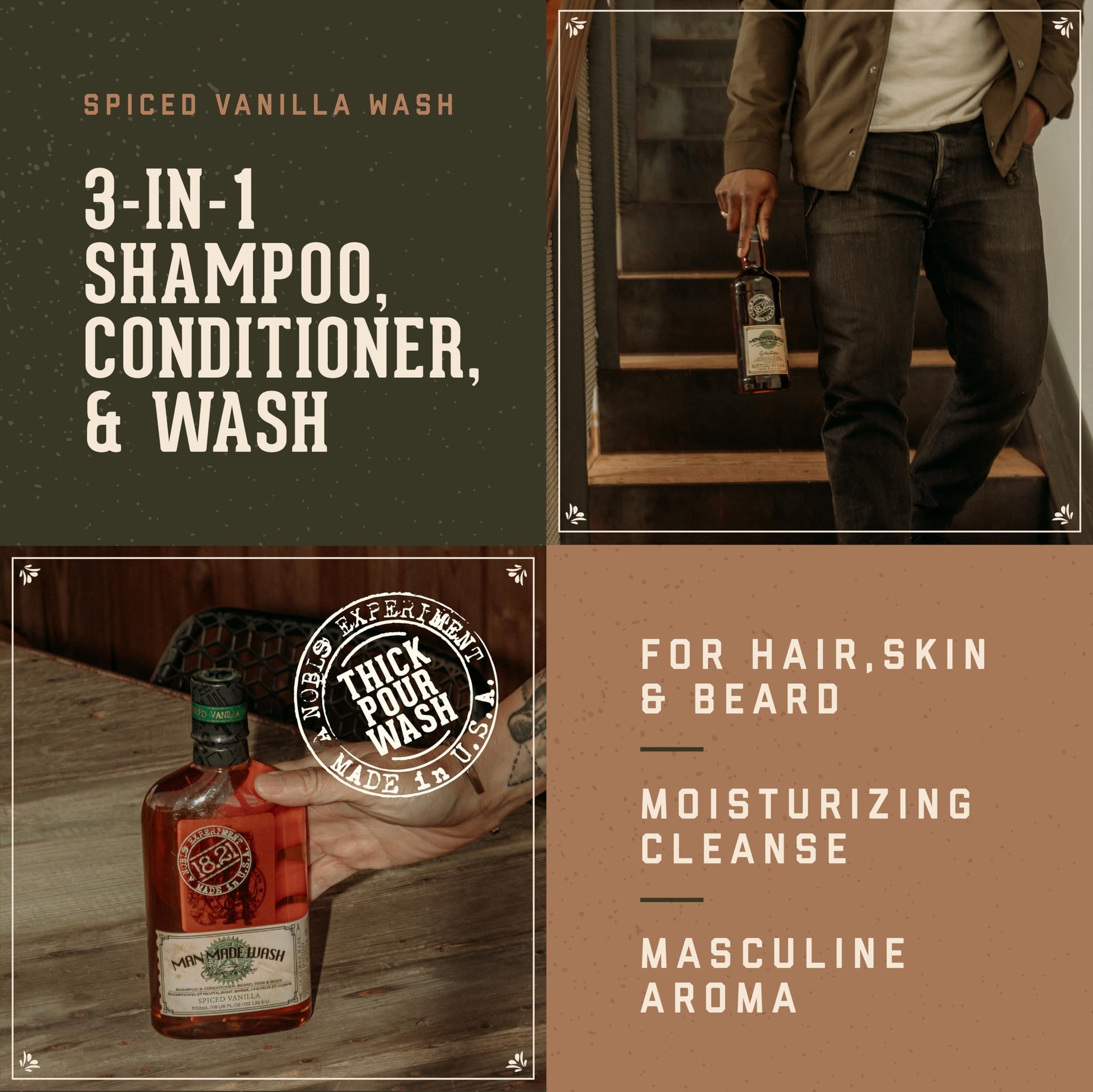 Sienna 18.21 Man Made Original Spiced Vanilla 3-in-1 Body Wash, Shampoo, & Conditioner for Men, All Hair & Skin Types, Strengthens and Moisturizes in a Manly Aroma, 18oz