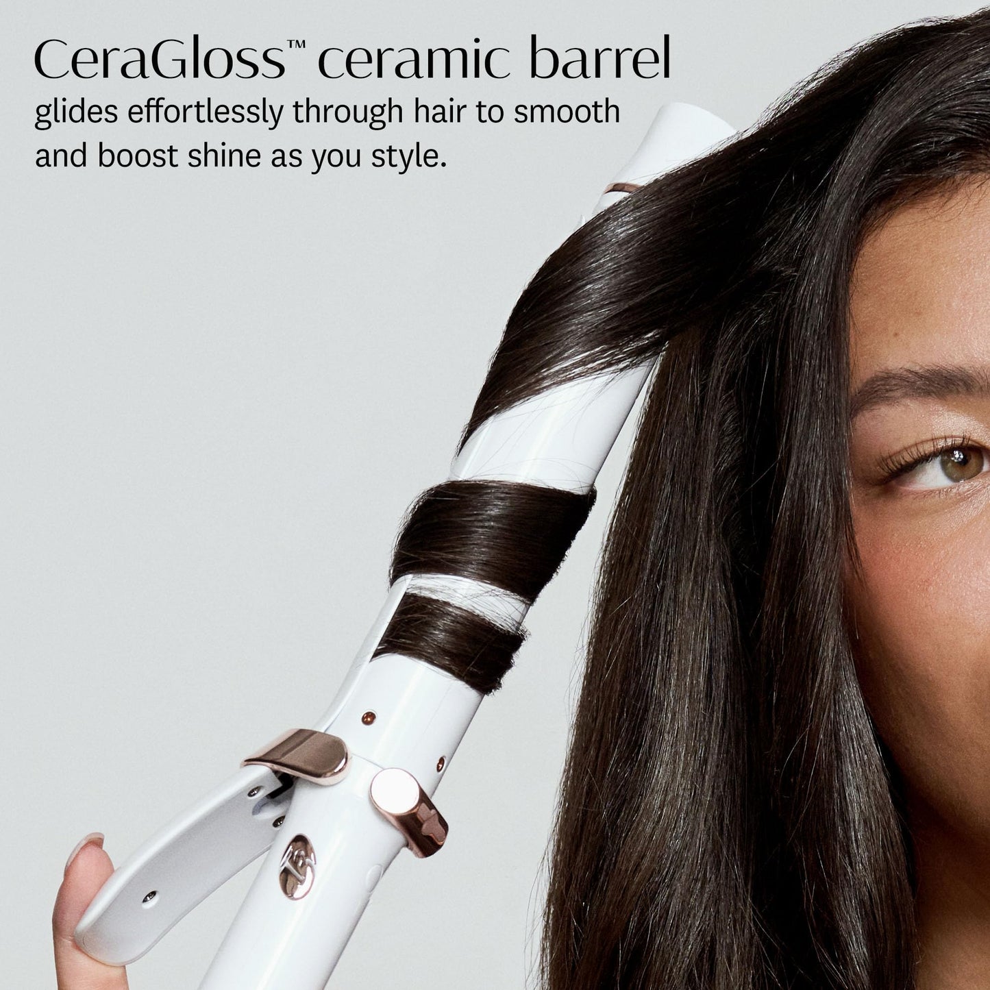 Light Gray T3 SinglePass Curl X Extra-Long Barrel Curling Iron with 9 Heat Settings and Ceramic Barrel for Fast Styling and Lasting Results on All Hair Types