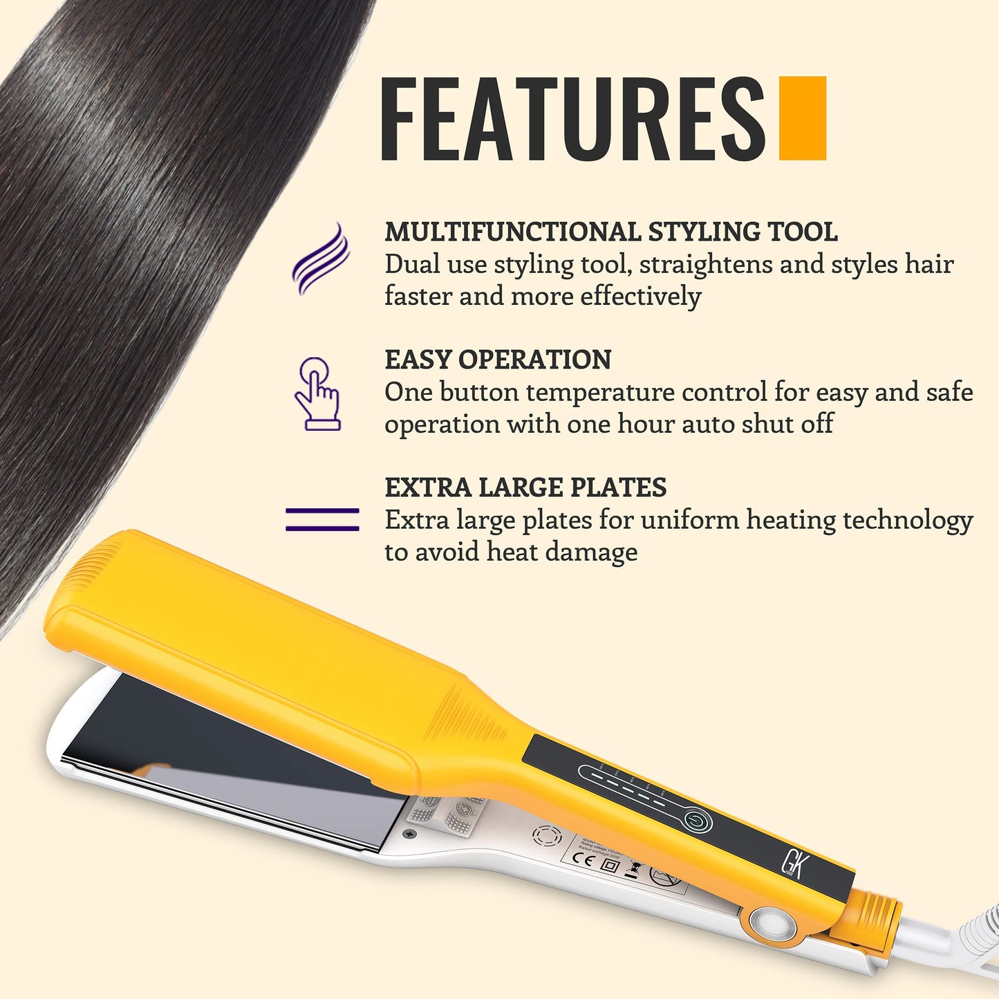 GK HAIR Global Keratin One Control Titanium Styling Flat Iron, 1.5 inches Wide Plates, Auto Shutoff, Professional Straightener, All Hair Types, 150C-232C