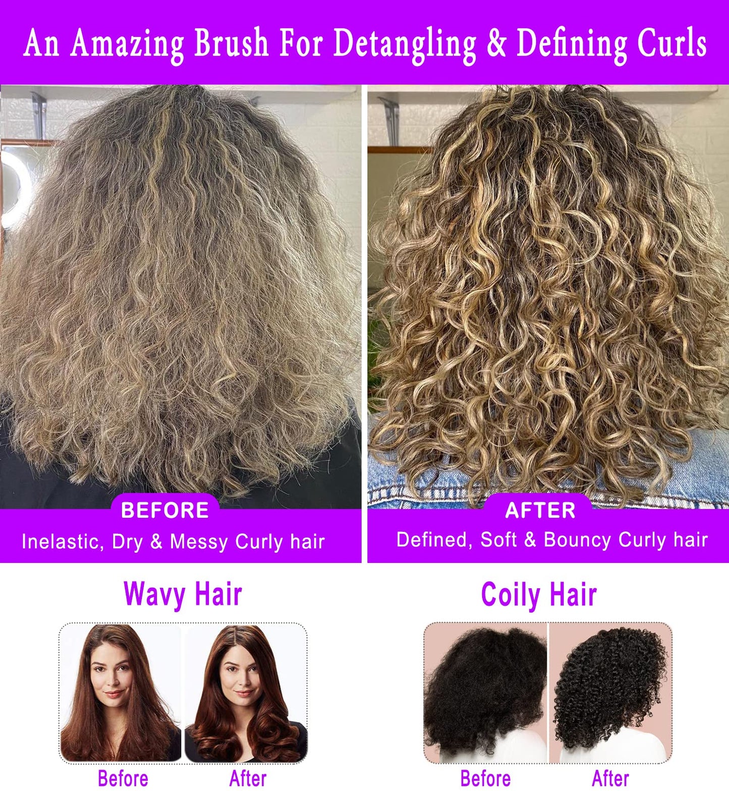 Brosse de définition KTKUDY à 9 rangs pour modeler et finir les boucles - Brosse démêlante pour cheveux épais, ondulés ou bouclés (violet)