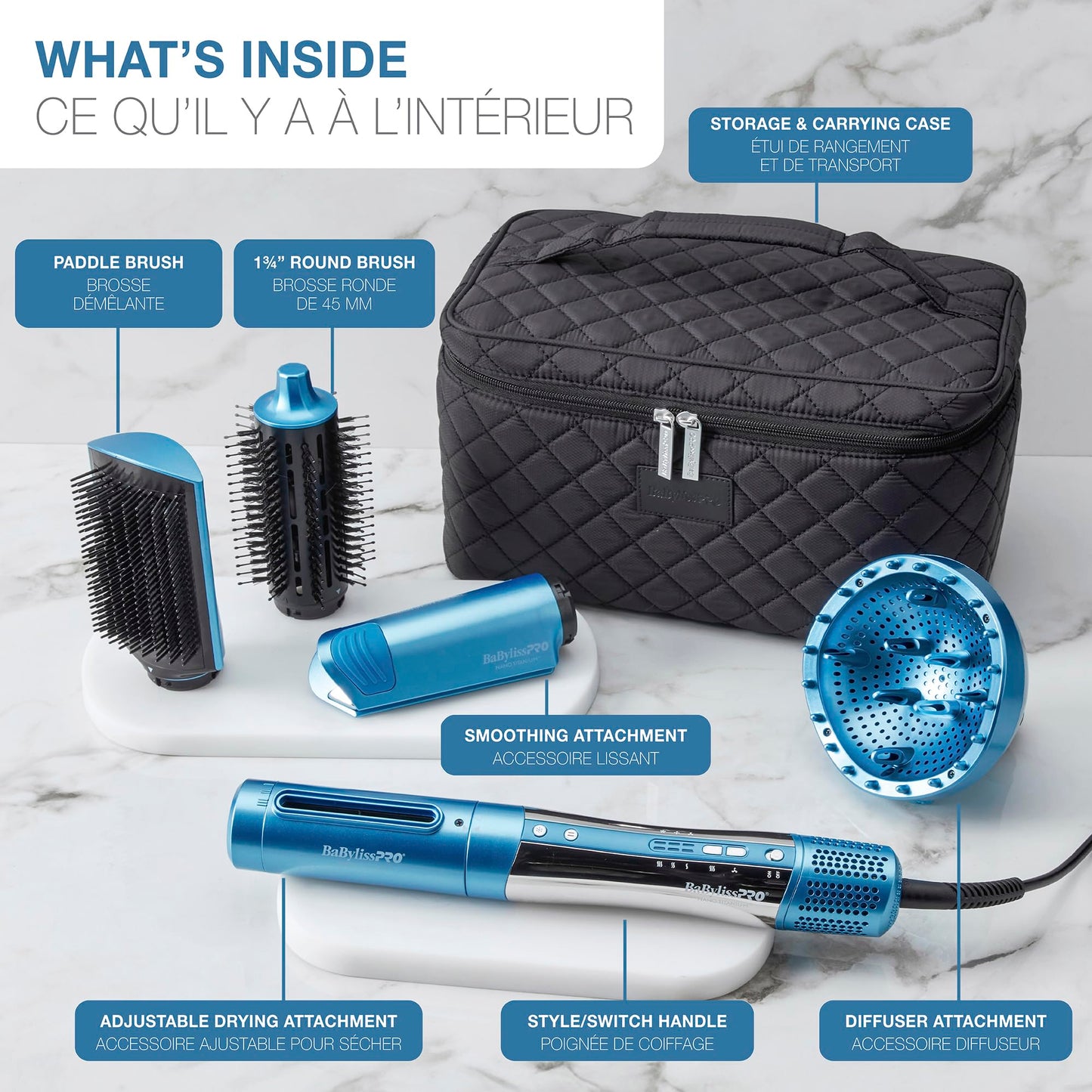 BaBylissPRO Nano Titanium Style/Switch Ionic 5 in 1 Multi-Styler & Hair Blow Dryer Attachments Include-Dryer, Paddle Brush, 1-3/4" Round Brush, Diffuser & Smoothing Attachment, Cold Shot, Hot Air Styler, Dual Voltage