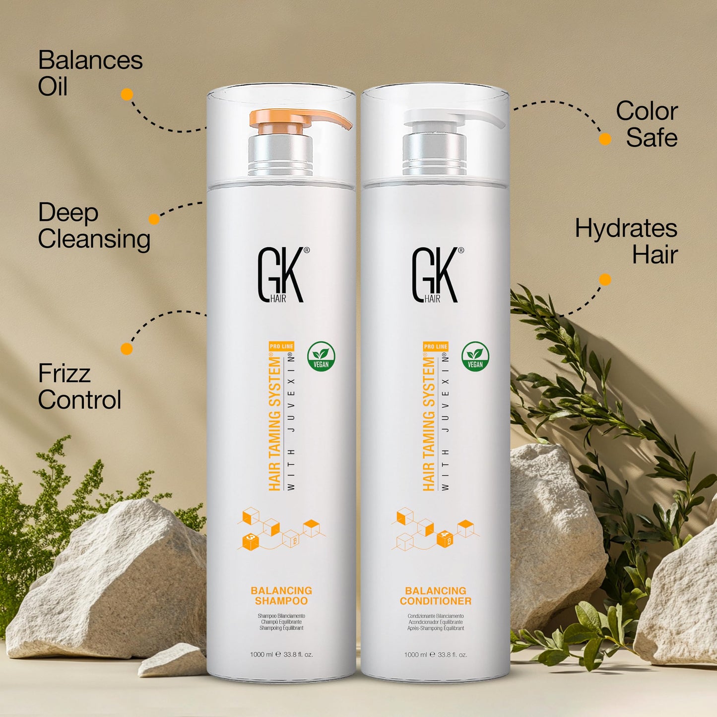 GK HAIR Global 角蛋白平衡洗发水和护发素套装（33.8 液体盎司/1000 毫升）适用于油性和染色头发，深层清洁，非常适合过度处理和受环境压力的头发