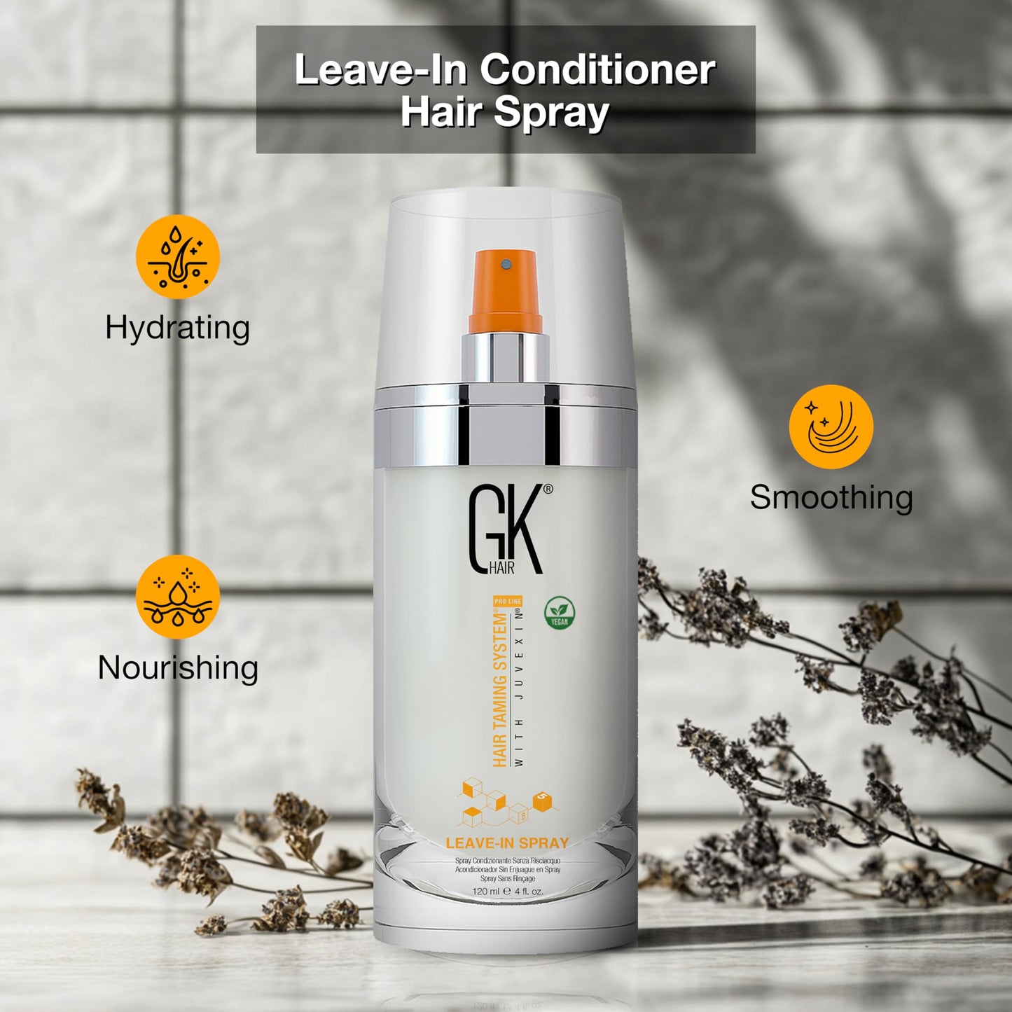 GK HAIR Global Keratin Leave-In Conditioner Detangler Spray 120 ml - For Dry, Damaged and Frizzy Hair Protection With Organic Natural Oil Strength & Shine | Hydrating Smoothing Styler