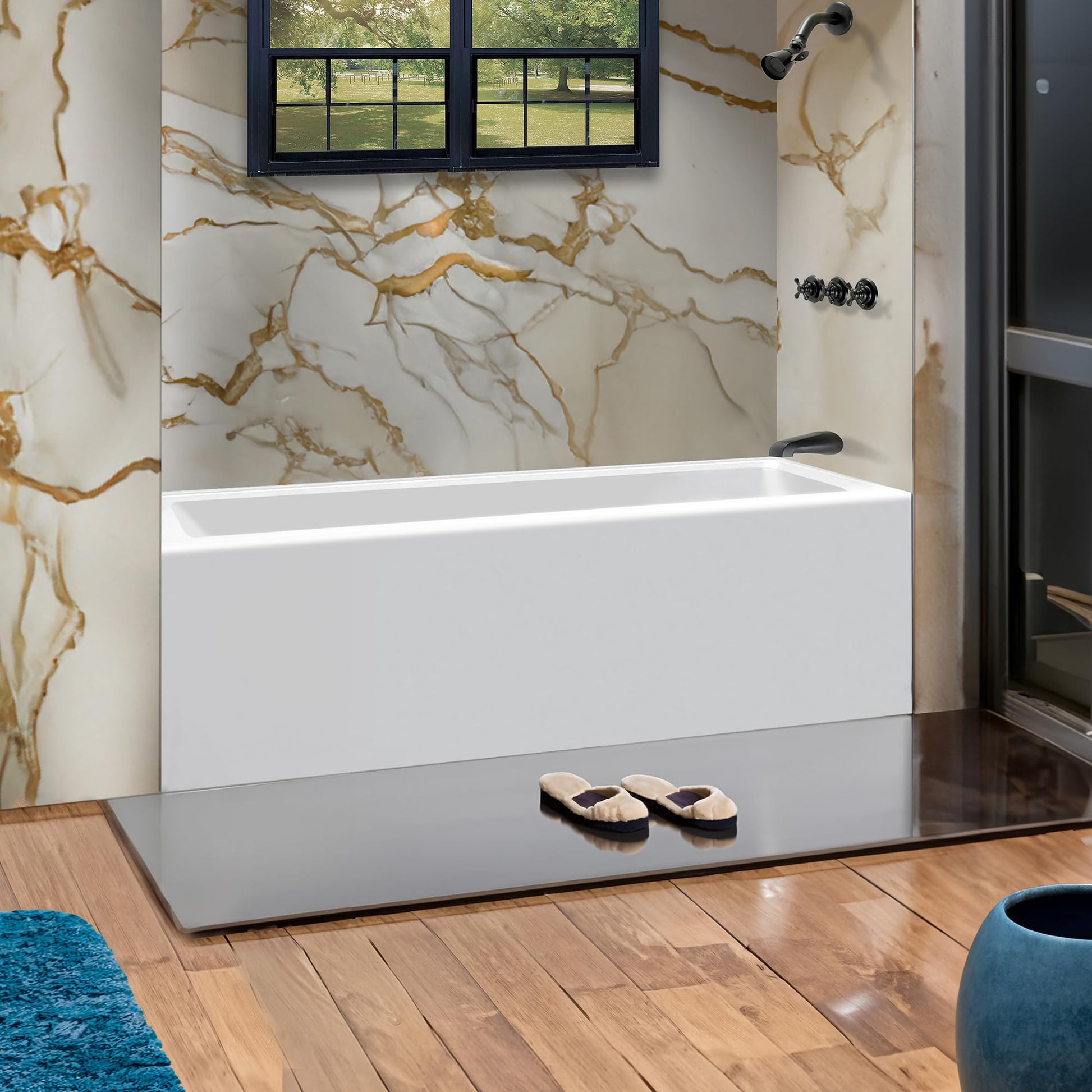 Gray Fine Fixtures Acrylic, Fiberglass Alcove Soaking Bathtub with Integral Apron Front in Glossy White - Right Hand Drain, 72" x 32"