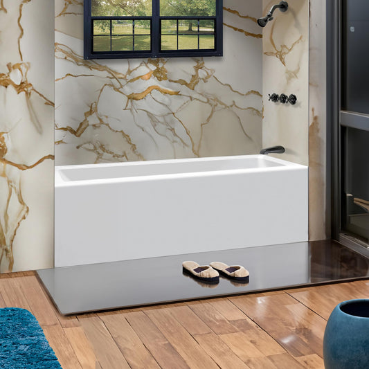Gray Fine Fixtures Acrylic, Fiberglass Alcove Soaking Bathtub with Integral Apron Front in Glossy White - Right Hand Drain, 72" x 32"