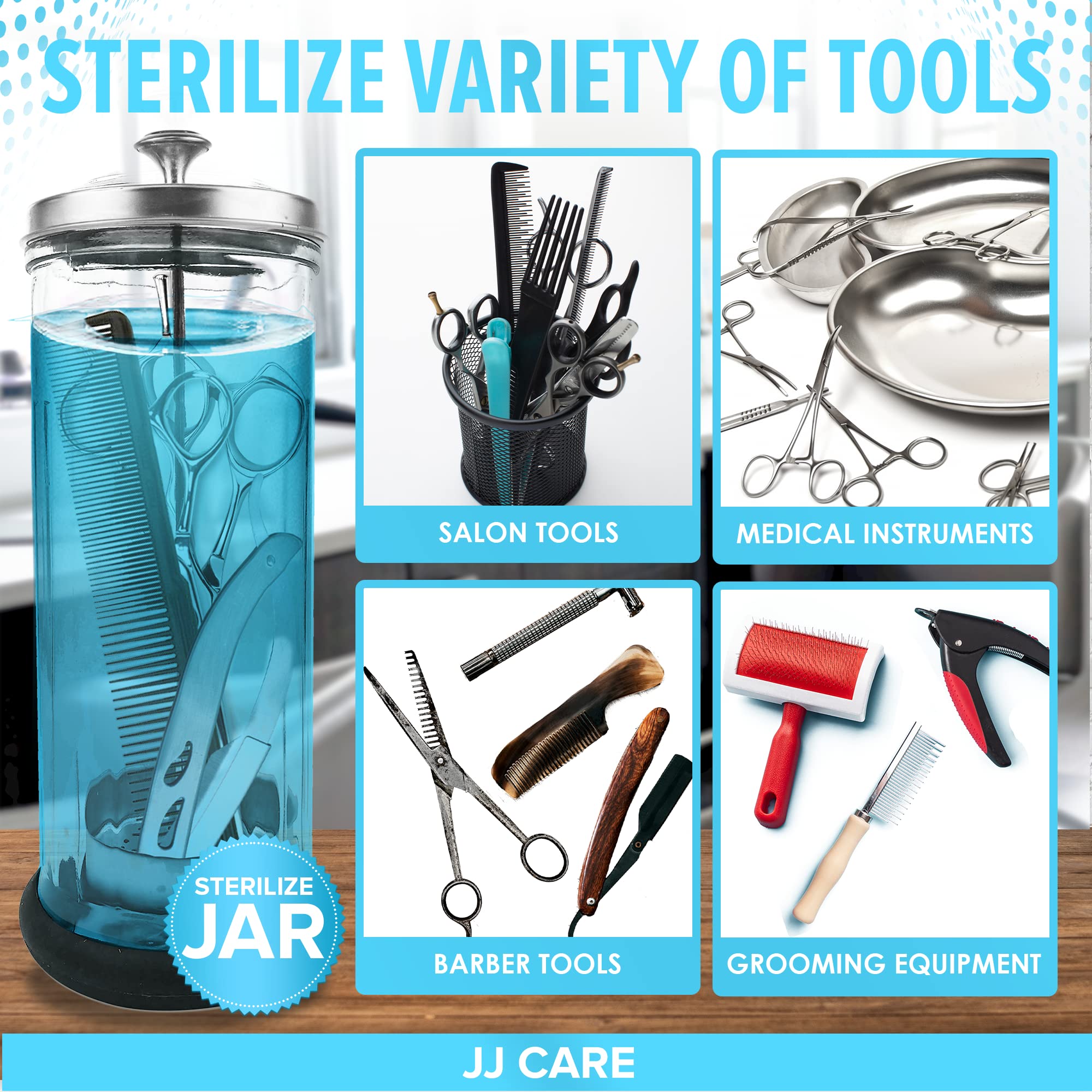 JJ CARE Disinfectant Jar (42oz) - Barber Disinfectant Jar Glass, Sanitizer Container w/Stainless Steel Removable Strainer & Cap for Manicure, Salon, Spa and Barber Tools - Silver Lid