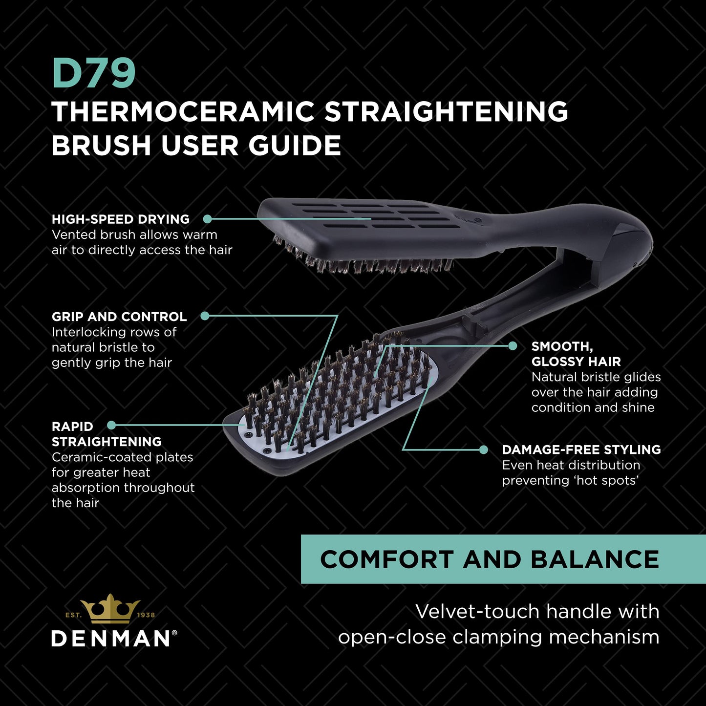 Denman D79 Thermoceramic Hair Straightening Brush - with Boar Bristles - For Wide, Wavy, Curly, Coily Hair – Black