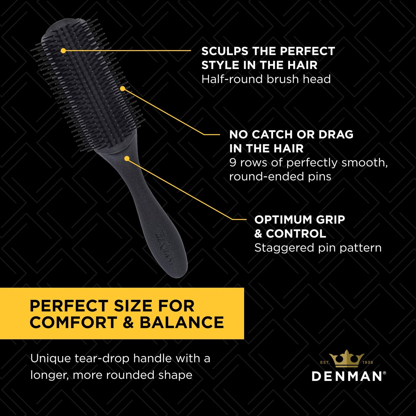 Brosse à cheveux bouclés Denman D4 (noire) à 9 rangs pour coiffer, lisser les cheveux longs et définir les boucles – Pour femmes et hommes