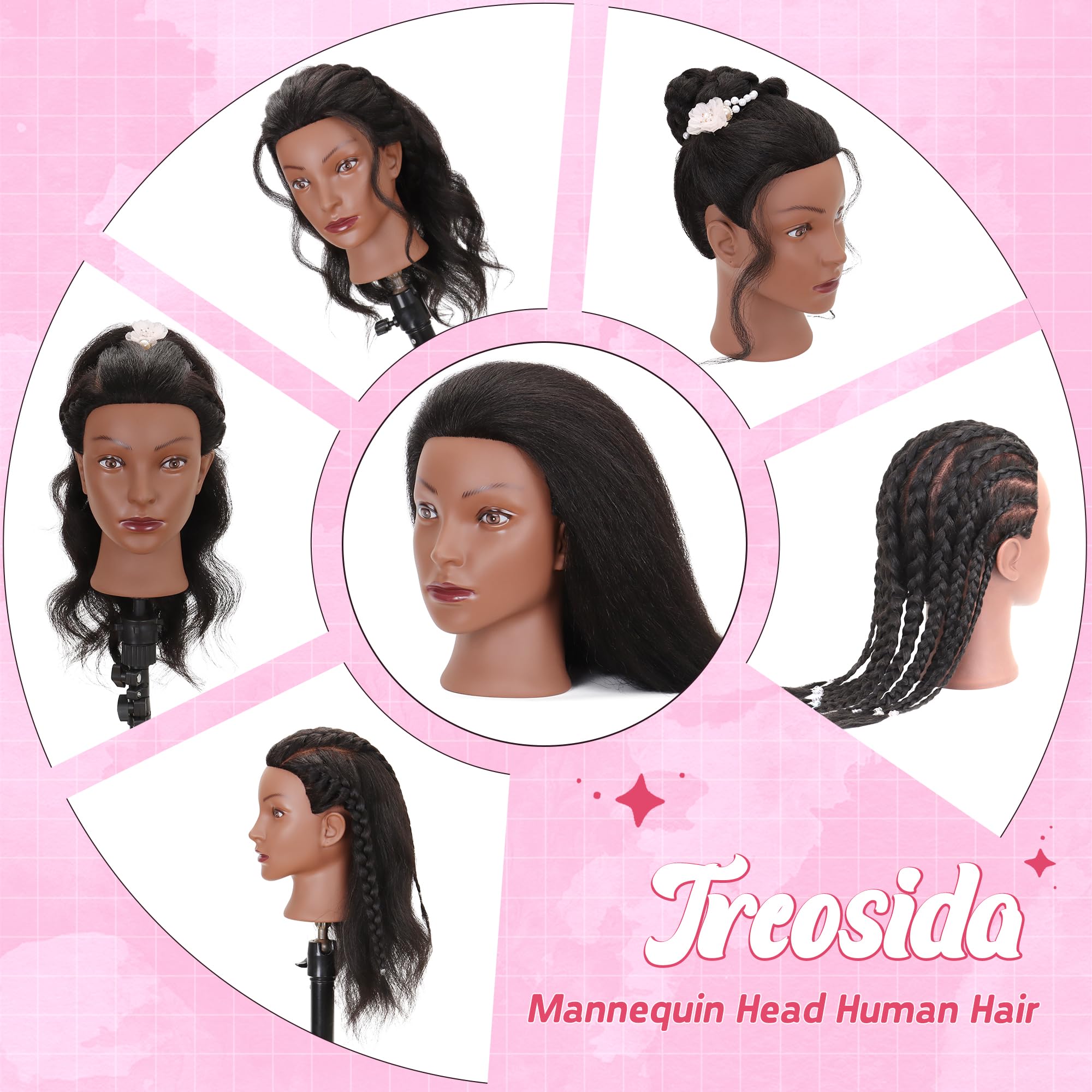 Mannequin Head 100% Real Human Hair Training Doll Head for Braiding Styling Cosmetology Practice with Clamp Stand (18 Inch)
