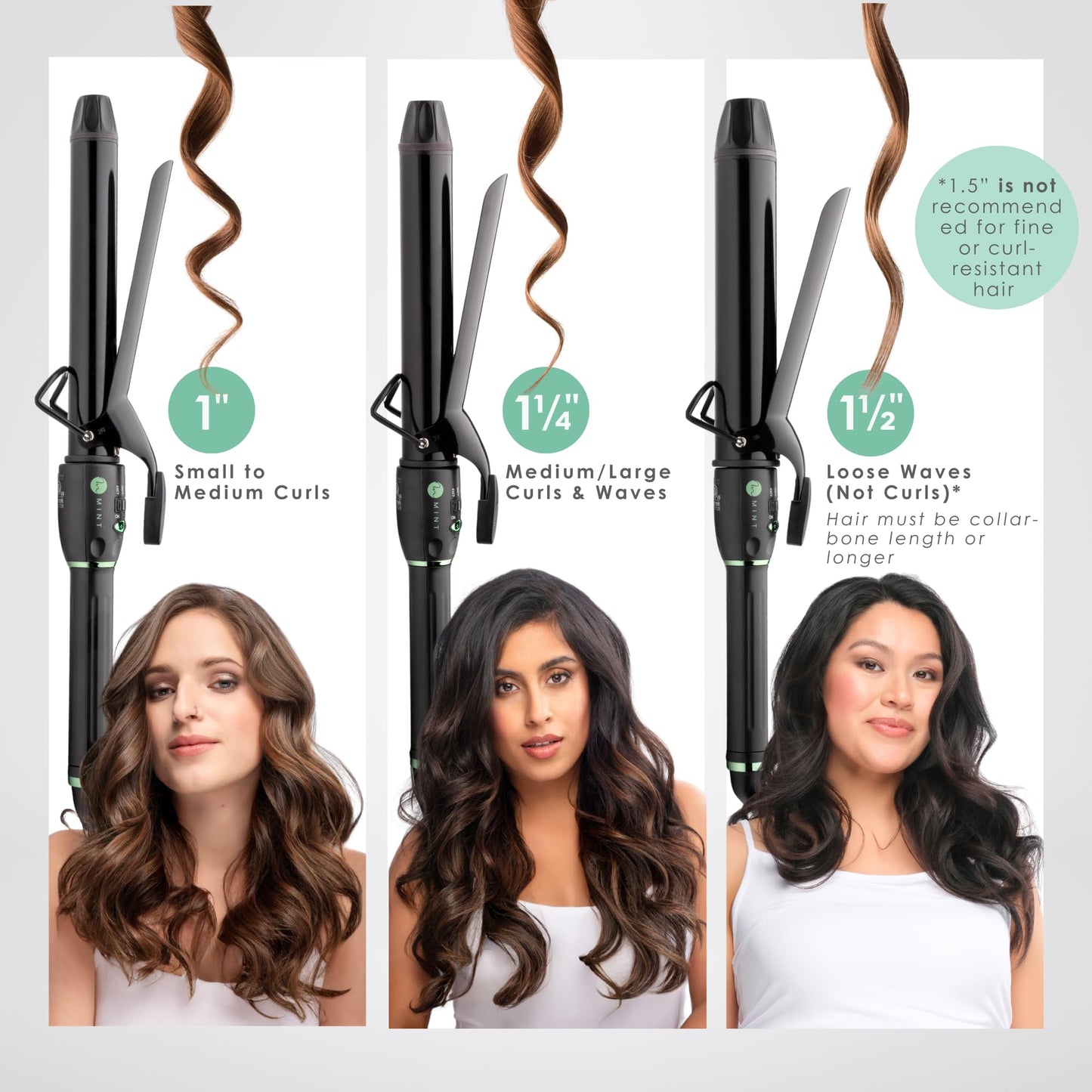 White Smoke MINT Professional Extra Long Hair Curling Iron 1 1/2 inch | 2-Heater Ceramic Barrel that Stays Hot | 1.5 Inch Hair Iron Curler for Beach Waves | Travel-Ready International Dual Voltage