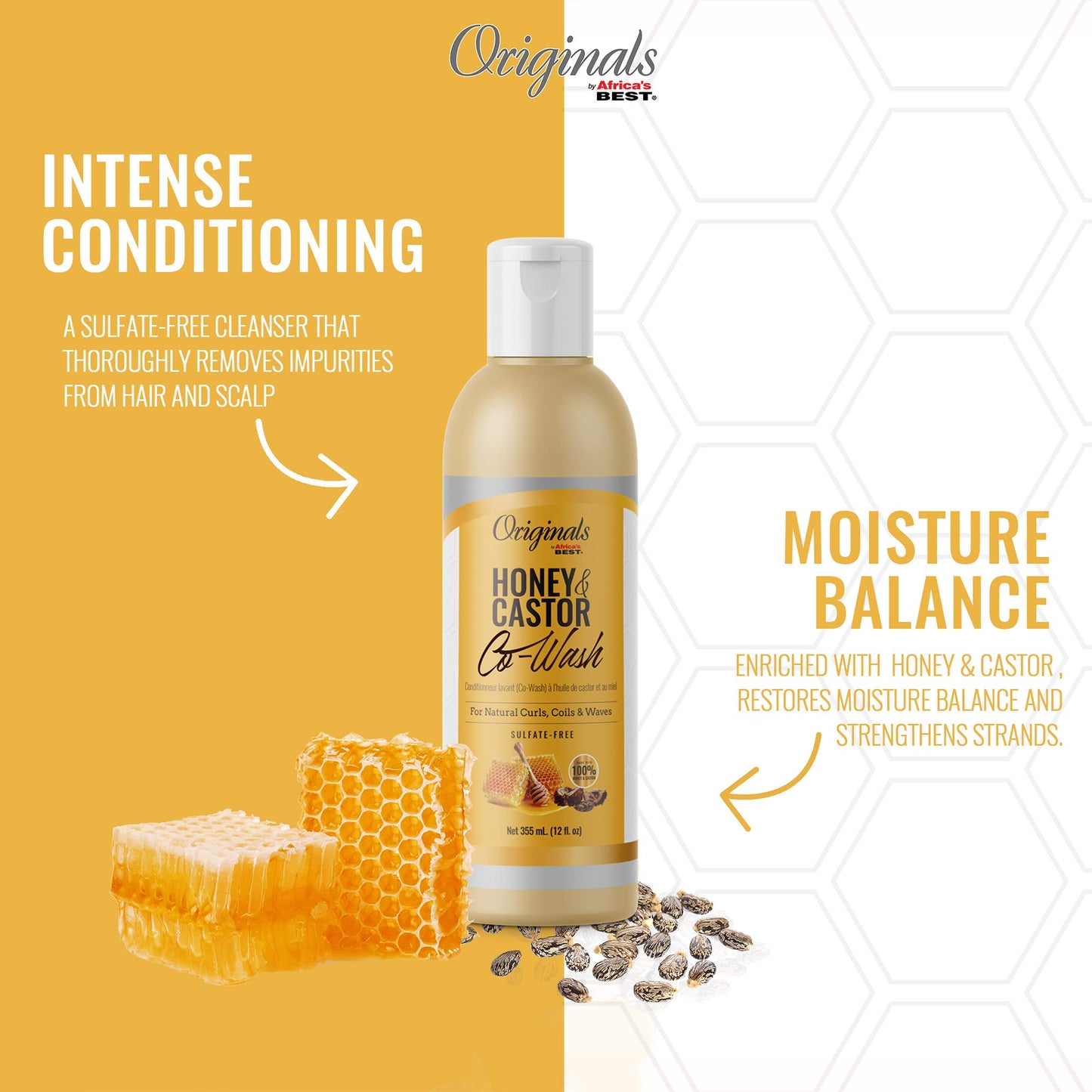 Africa's Best Originals by and Castor Hair Co-Wash for Natural Curls, Coils and Waves, Sulfate-Free, Honey 12 Fl Oz