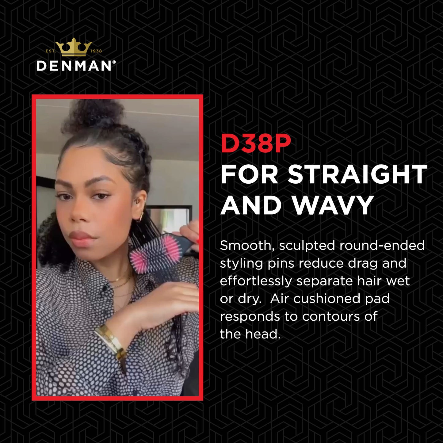 Denman Petite Detangler pour un démêlage et un brushing rapides et confortables D38 - Combinaison de picots de coiffage D3 et d'une brosse plate (noire)