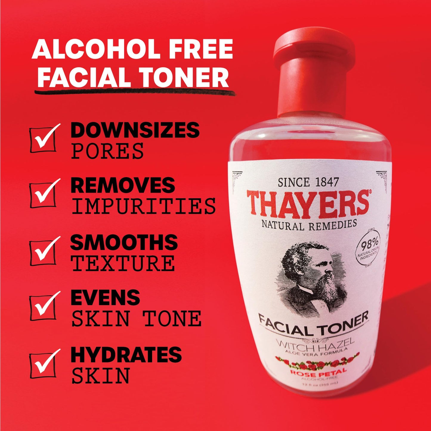 Thayers Alcohol-Free Rose Petal Witch Hazel Facial Toner for Glowing Skin, Soothing, Hydrating, Refreshing Toner for Normal and Combination Skin with Enlarged Pores, 355ml