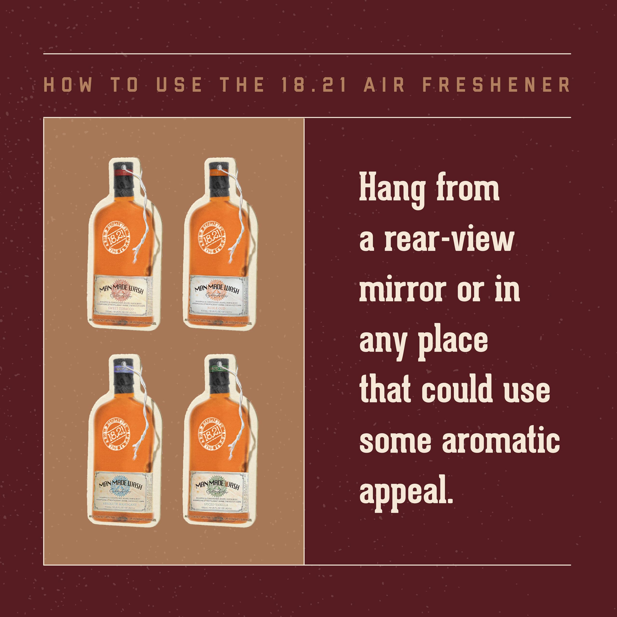 18.21 Man Made Premium Hanging Air Freshener Luxurious Original Four-Scent Variety-Pack, Long Lasting Fragrance for Car, Gym Bag, Travel Luggage or Closet.