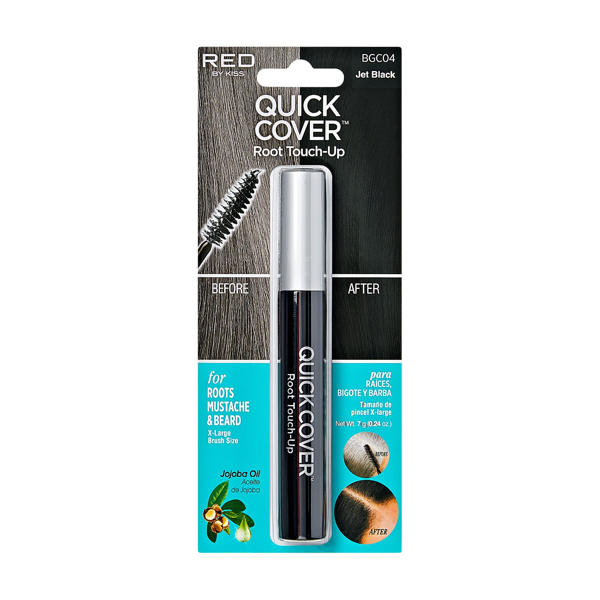 RED by KISS Quick Cover Root Touch Up Rescue (Jet Black), Mascara Natural Water-Resistant Temporary Gray Concealer Cover Up Brush for Hair Mustache & Beard, Formulated with Jojoba Oil