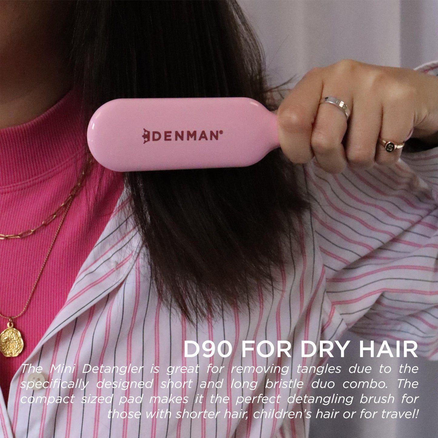 Denman Mini Ultra Detangler Hairbrush, best for children, Wigs and Hair Extensions for Tug Free Detangling - (Pink Crush)D90