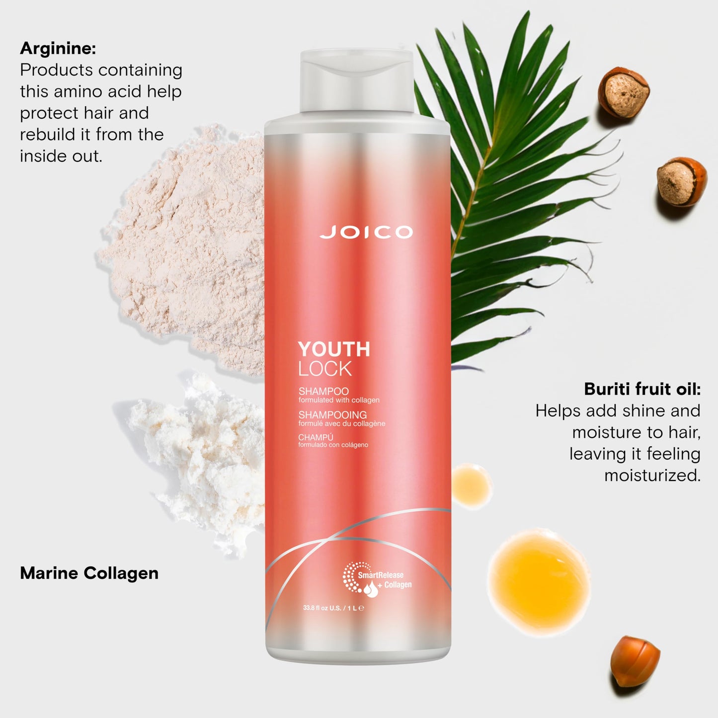 Joico YouthLock 洗发水，蕴含胶原蛋白 | 焕发青春活力，令秀发弹润 | 减少断裂和毛躁 | 柔顺秀发 | 提升光泽 | 不含硫酸盐 | 添加精氨酸 | 33.8 液体盎司