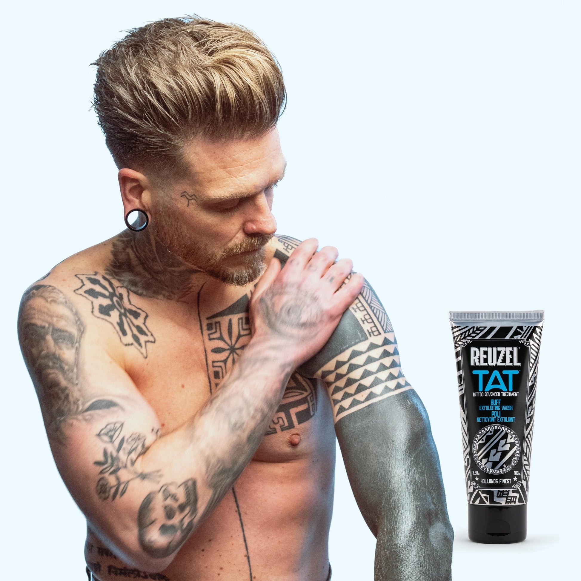 Alice Blue REUZEL Buff Exfoliating Wash, Gentle Tattoo Cleanser Scrub, Brightens, Smooths, Reveals Definition and Color, Non-Damaging, Vegan Formula, 3.38 oz