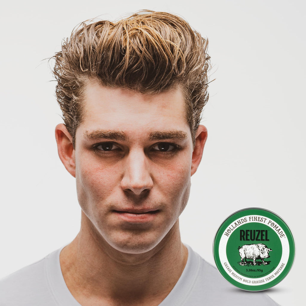 REUZEL Green Grease Pomade, Medium All Day Hold, Oil-Based Styling Wax, Medium Shine, Easy To Wash Out, For All Hair Types