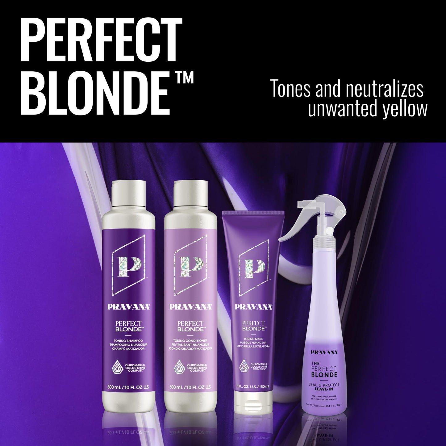PRAVANA The Perfect Blonde Purple Toning Shampoo and Conditioner Set | Neutralizes Brassy, Yellow Tones | For Color-Treated Hair | Chromasilk Enhances Shine & Protection | Vegan | 10 Fl Oz