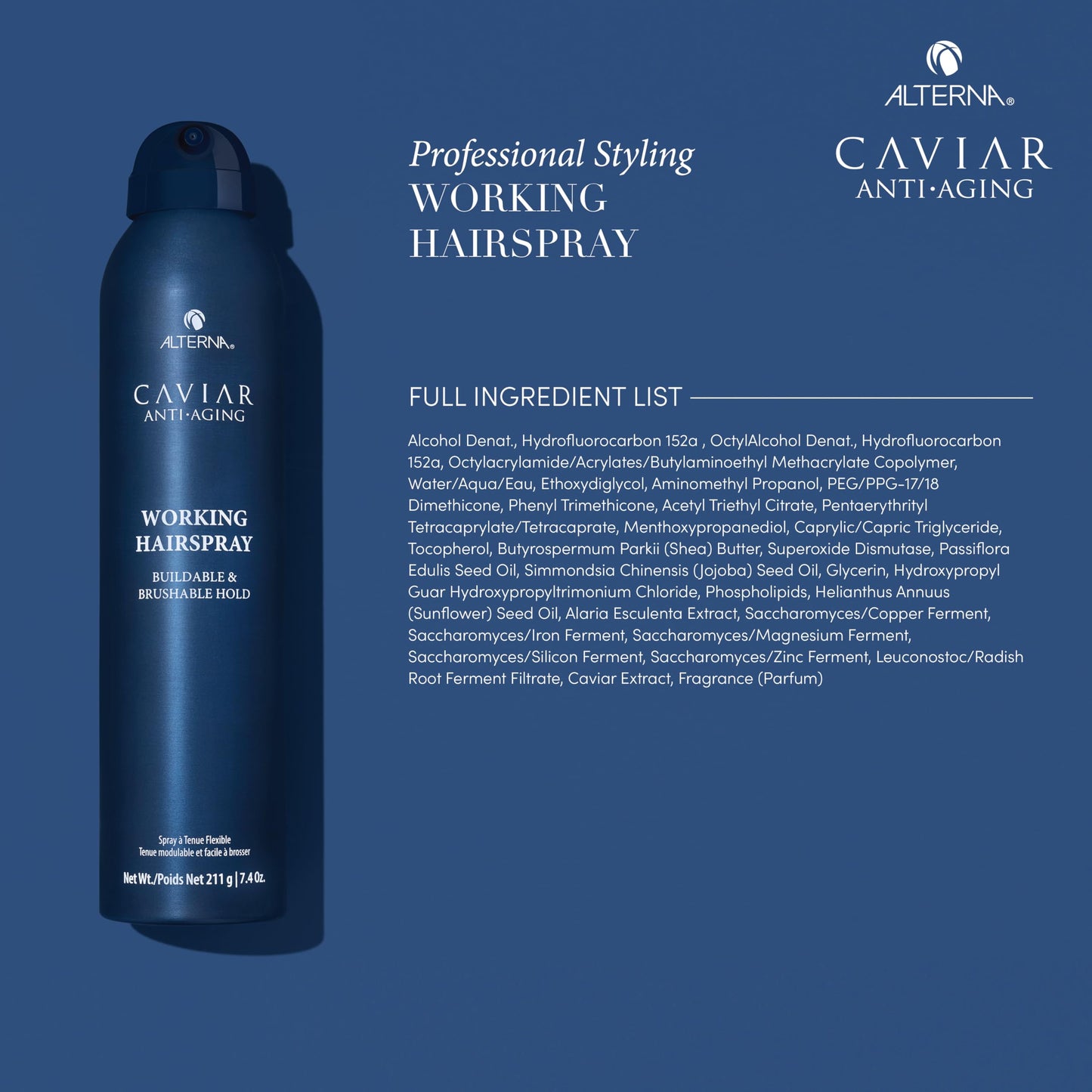 Dark Slate Blue Alterna Haircare CAVIAR Anti-Aging Working Hairspray Travel Size 3 Fl Oz | Buildable, Brushable Hold | Helps Control Frizz and Adds Shine | Sulfate Free